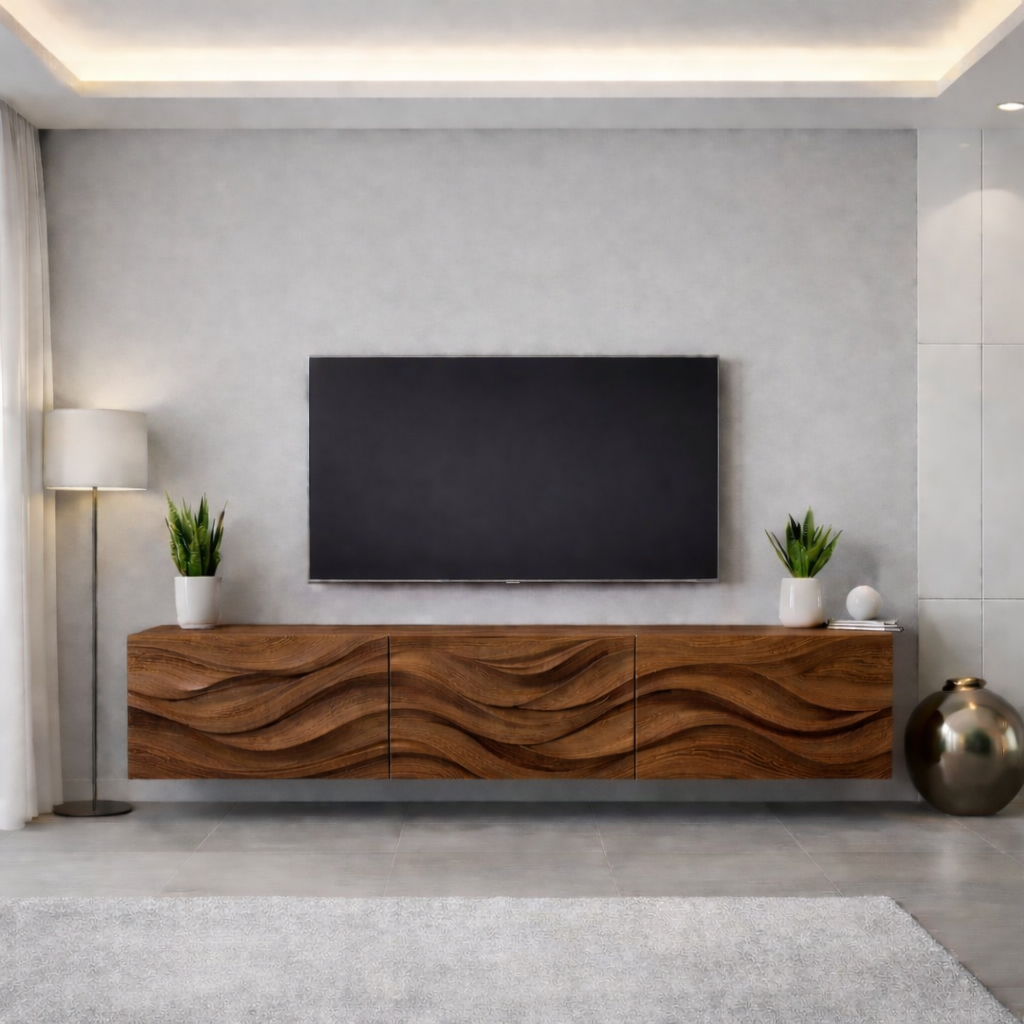 Wave Carved Solid Oak TV Stand with Modern Design, Stylish Media Console for Living Room