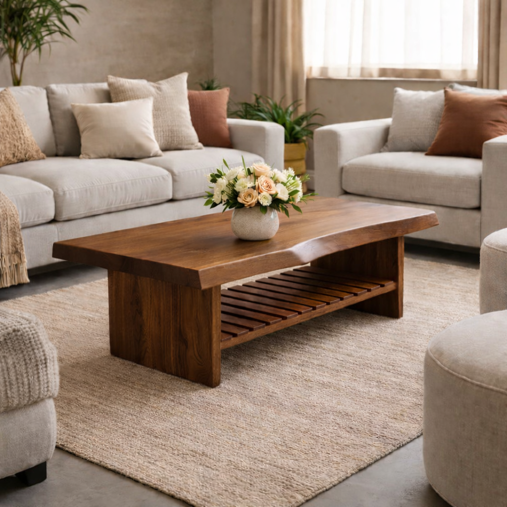 Live Edge Walnut Coffee Table with Slatted Shelf, Natural Modern Design for Living Room