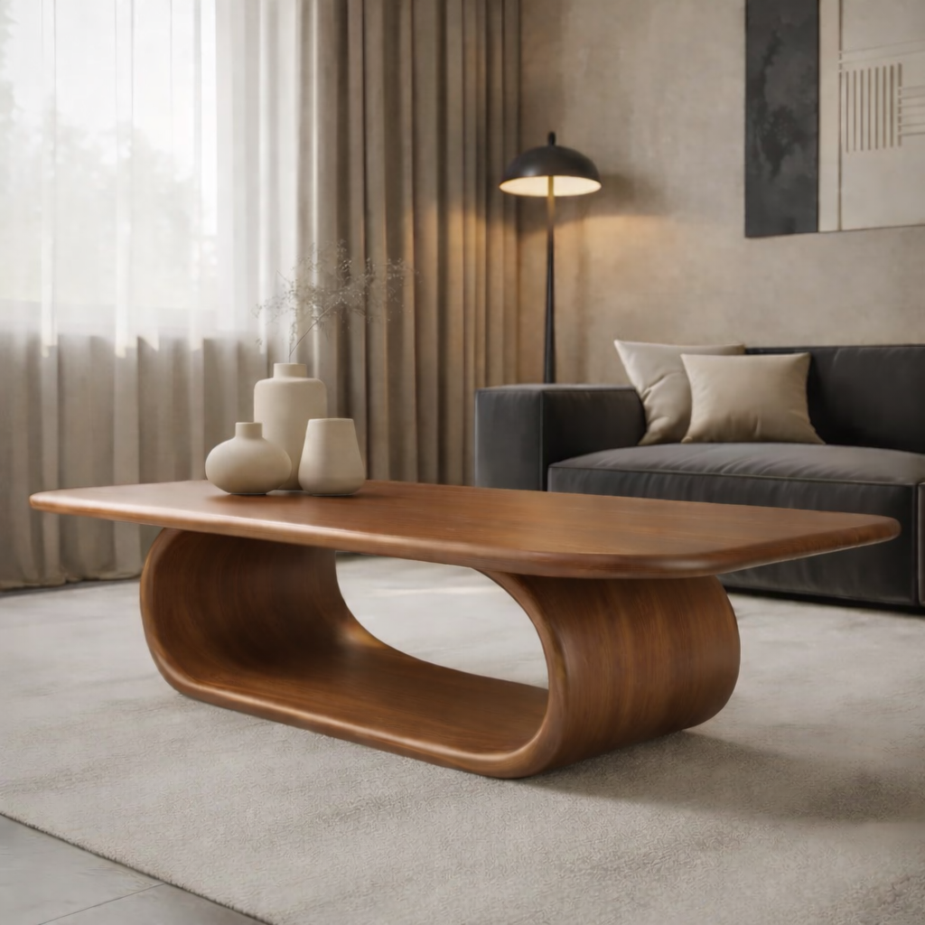 Sculptural Walnut Coffee Table with Curved Design and Open Shelf, Modern Living Room Décor