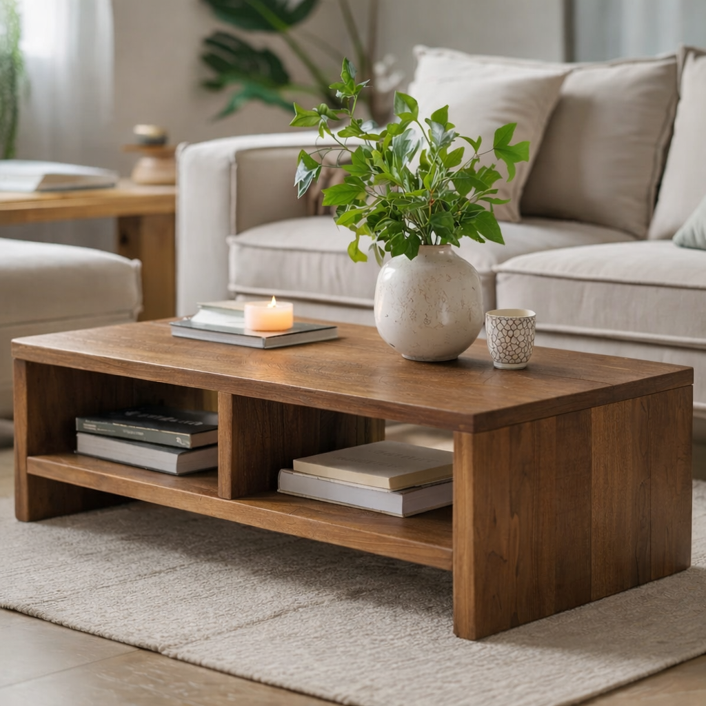 Solid Wood Coffee Table with Open Storage, Rustic Design for Living Room and Décor