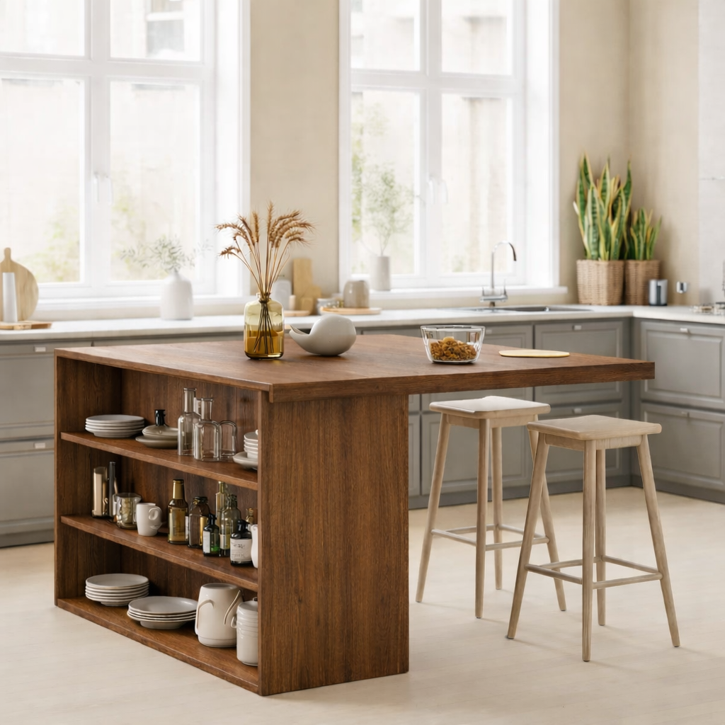Modern Solid Wood Kitchen Island with Open Storage Shelves, Walnut Kitchen Bar Table