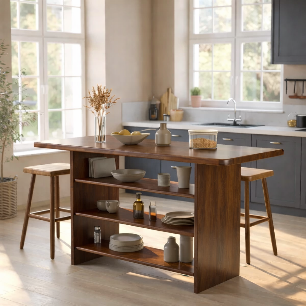 Solid Wood Kitchen Island with Open Storage Shelves and Kitchen Bar Table