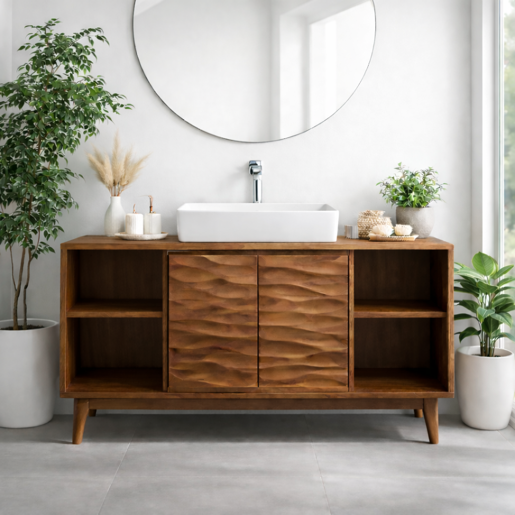 Mid-Century Solid Wood Bathroom Vanity with Textured Cabinet Doors and Open Shelving