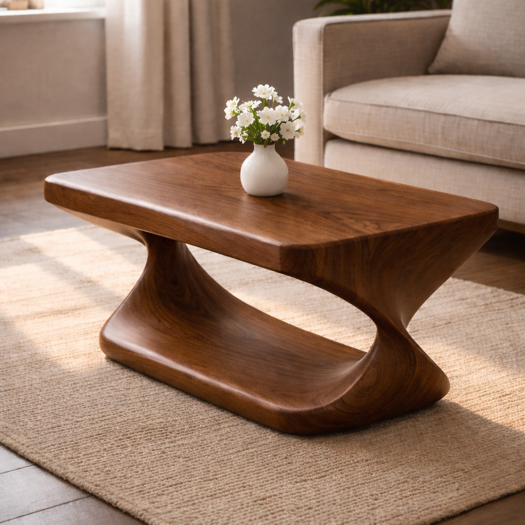 Modern Solid Wood Coffee Table with Sculptural Curved Base and Rectangular Wood Top