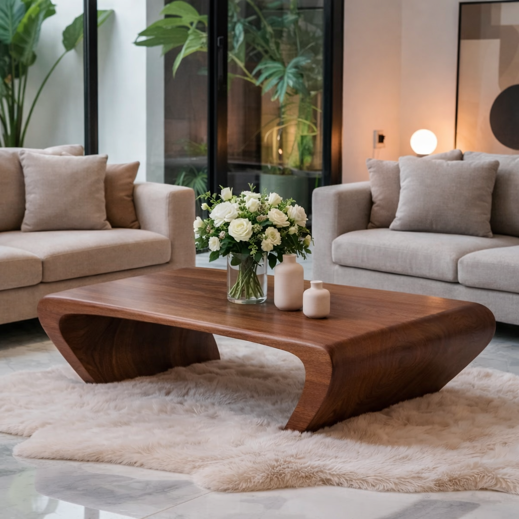 Modern Solid Wood Coffee Table with Sculptural Curved Base Minimalist Living Room Table