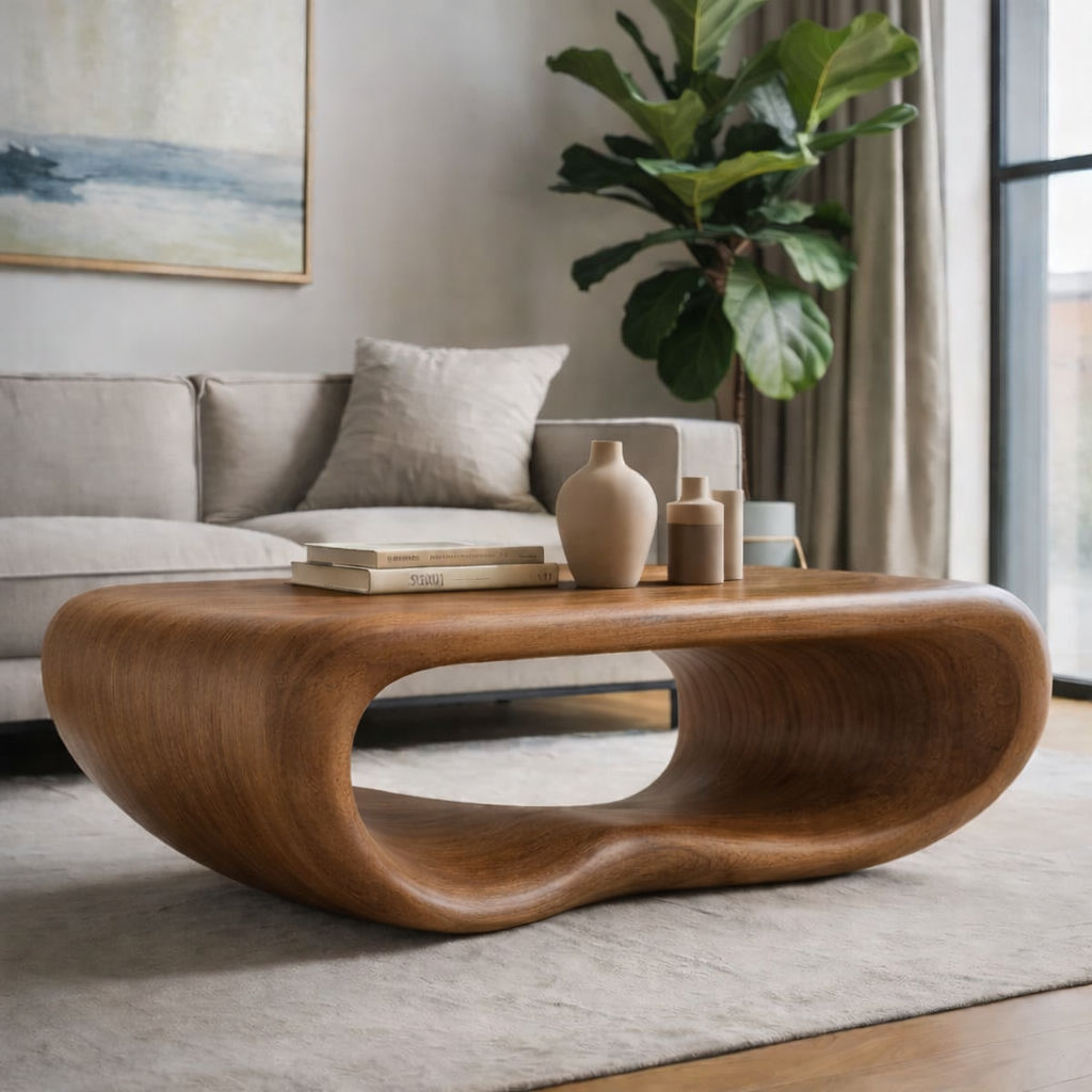 Modern Solid Wood Coffee Table with Sculptural Curved Design Minimalist Living Room Table