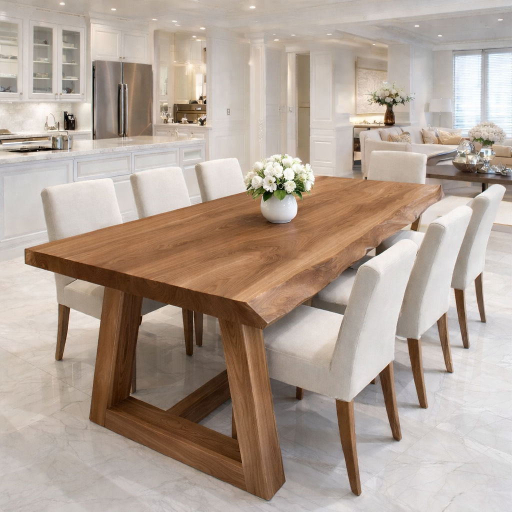 Handcrafted Solid Wood Live Edge Dining Table with Wooden Trestle Base