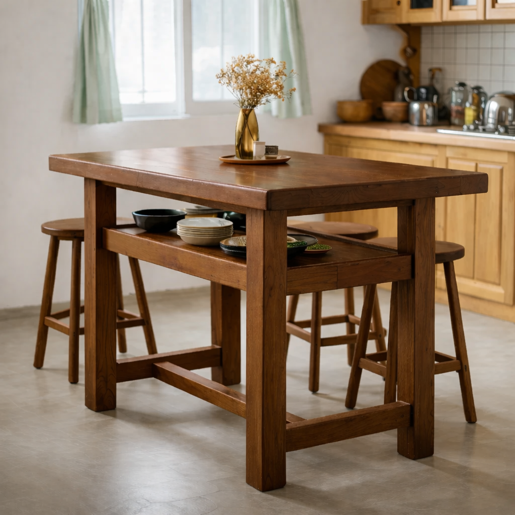 Solid Wood Kitchen Island Table with Open Shelf Storage and Spacious Prep Surface