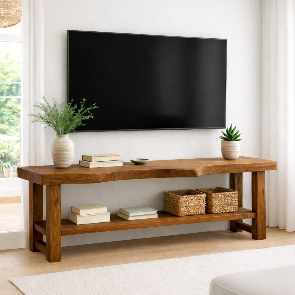 Live Edge Solid Wood TV Stand with Shelf – Rustic Walnut Media Console Table