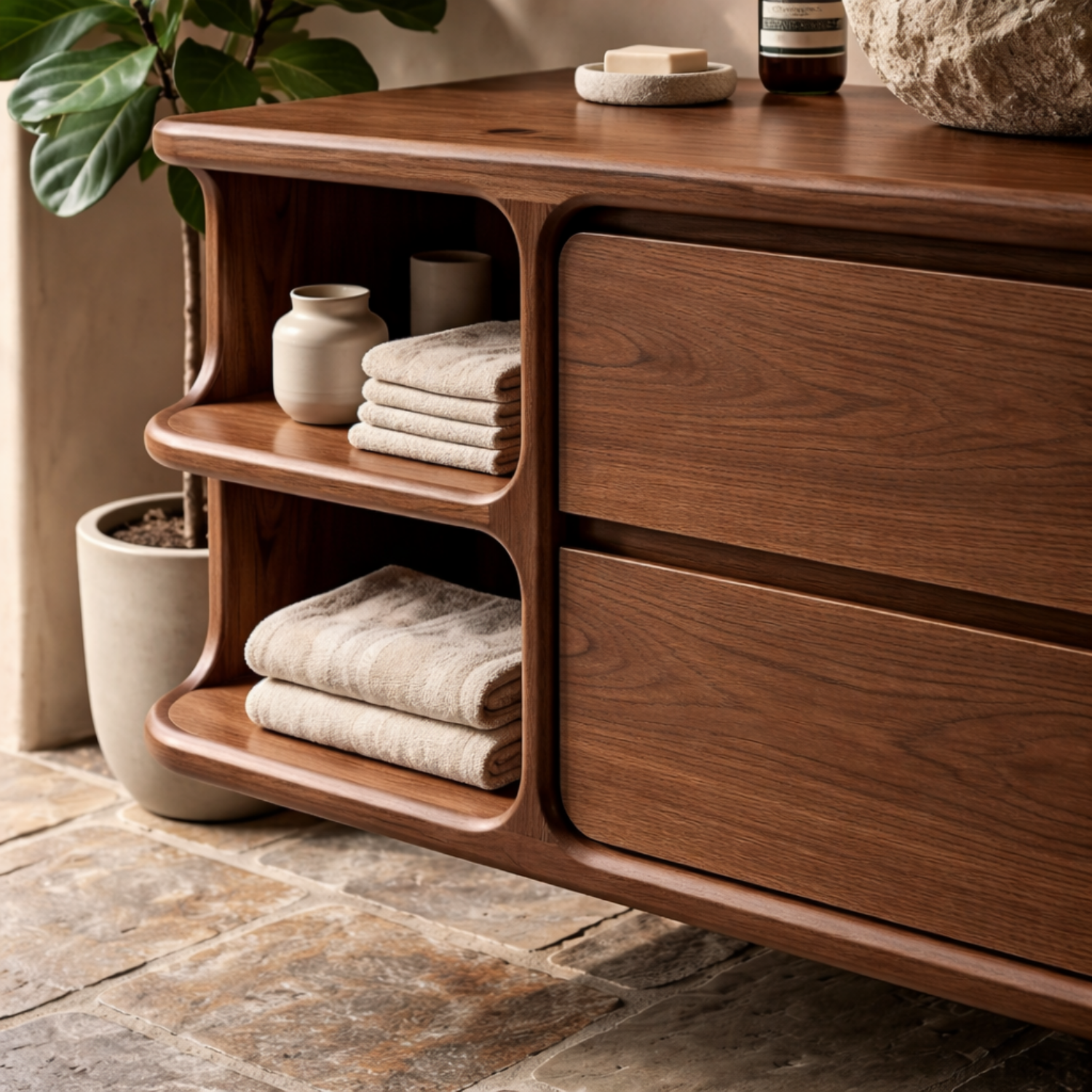 Floating Solid Wood Bathroom Vanity with Curved Frame, Two Drawers and Sculpted Open Shelves