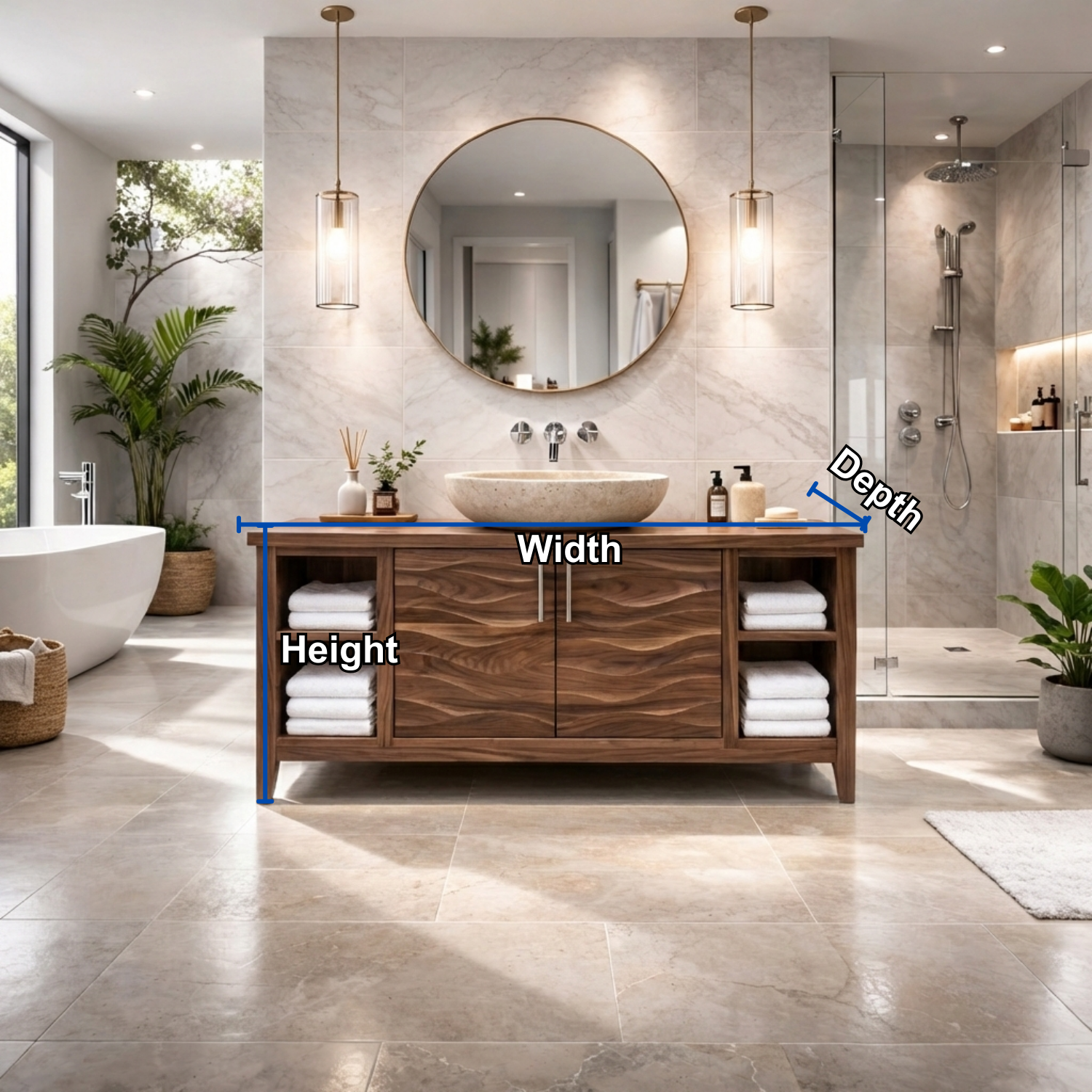 Freestanding Solid Wood Bathroom Vanity with Wave Front and Open Shelf Storage