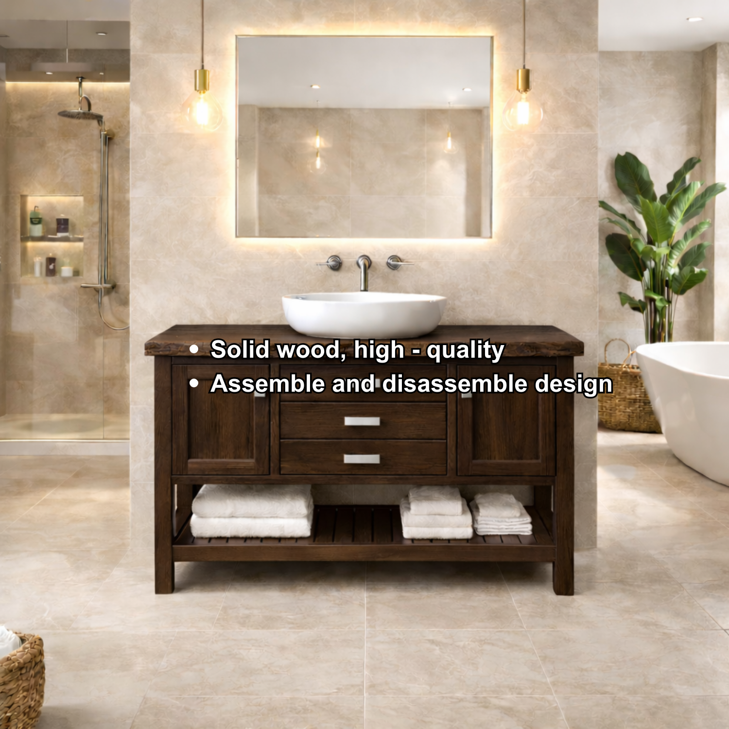Solid Wood Bathroom Vanity with Live Edge Top & Open Shelf Storage
