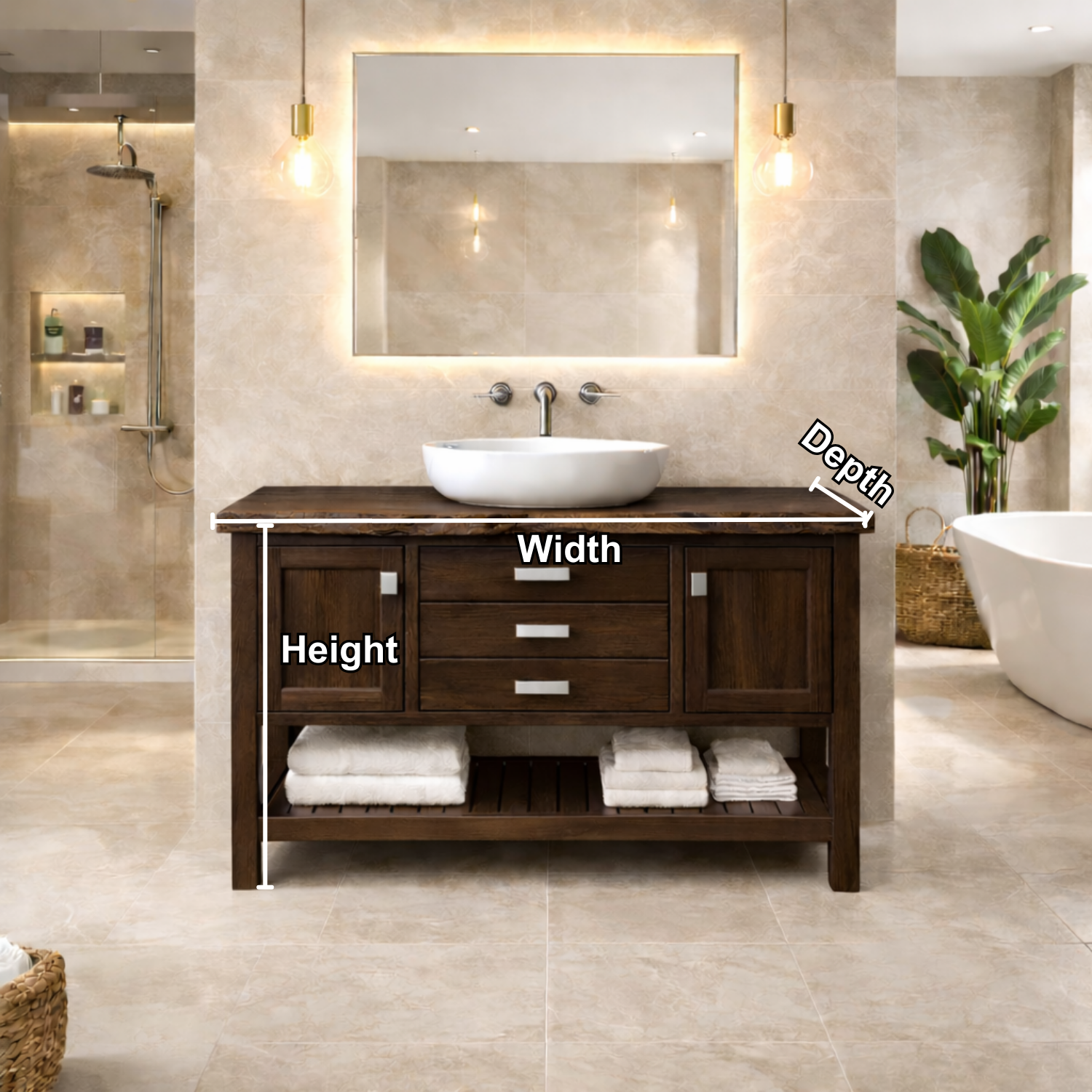 Solid Wood Bathroom Vanity with Live Edge Top & Open Shelf Storage