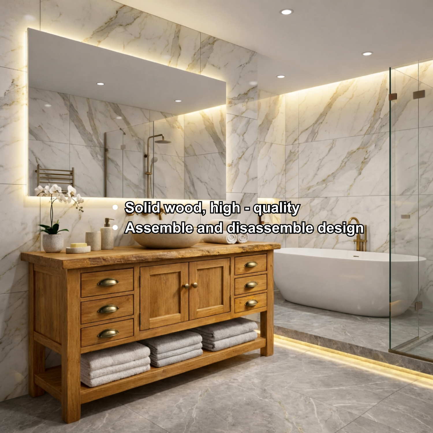 Solid Wood Bathroom Vanity with Drawers & Open Shelf Storage