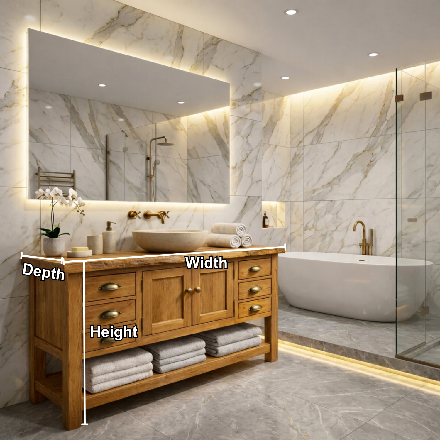 Solid Wood Bathroom Vanity with Drawers & Open Shelf Storage