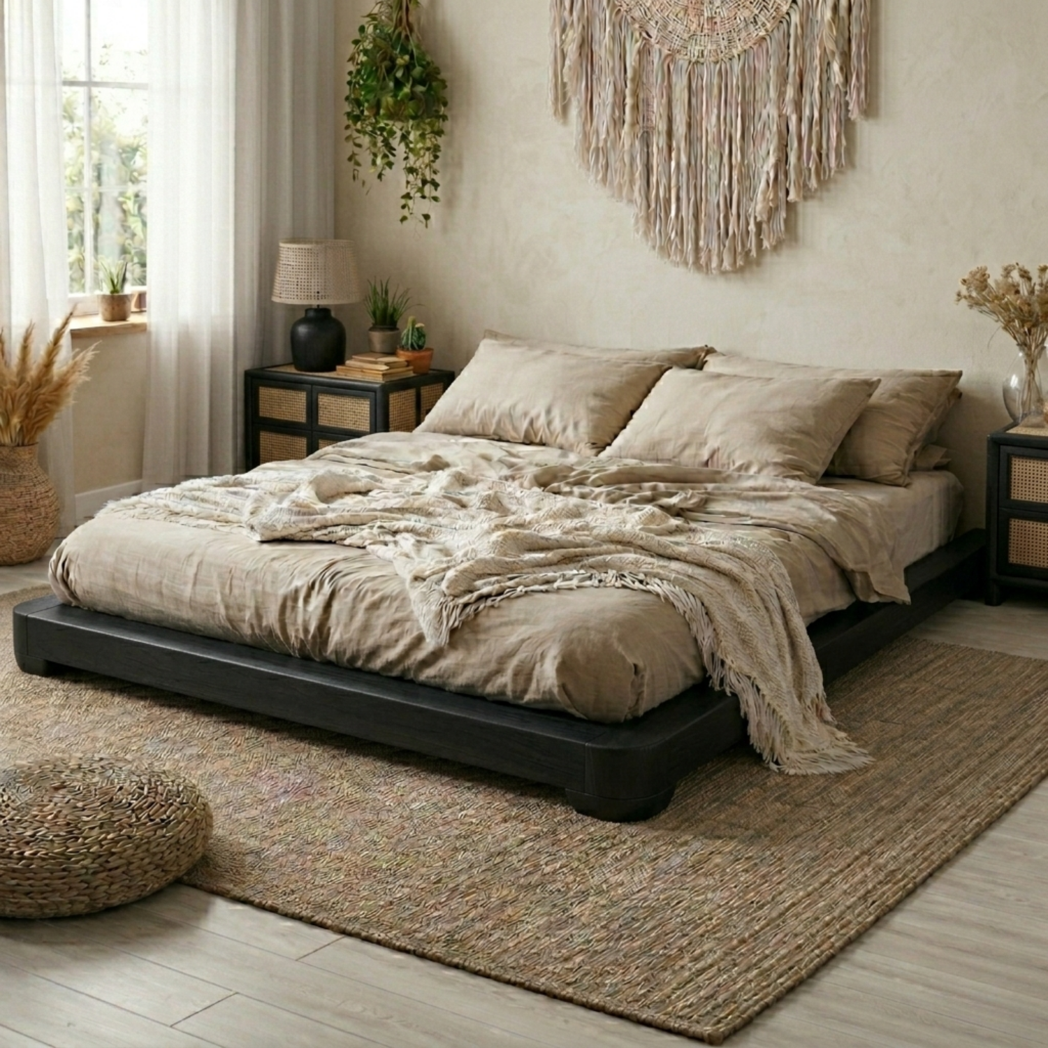 Low Profile Solid Wood Platform Bed Frame – Minimalist Japandi Style