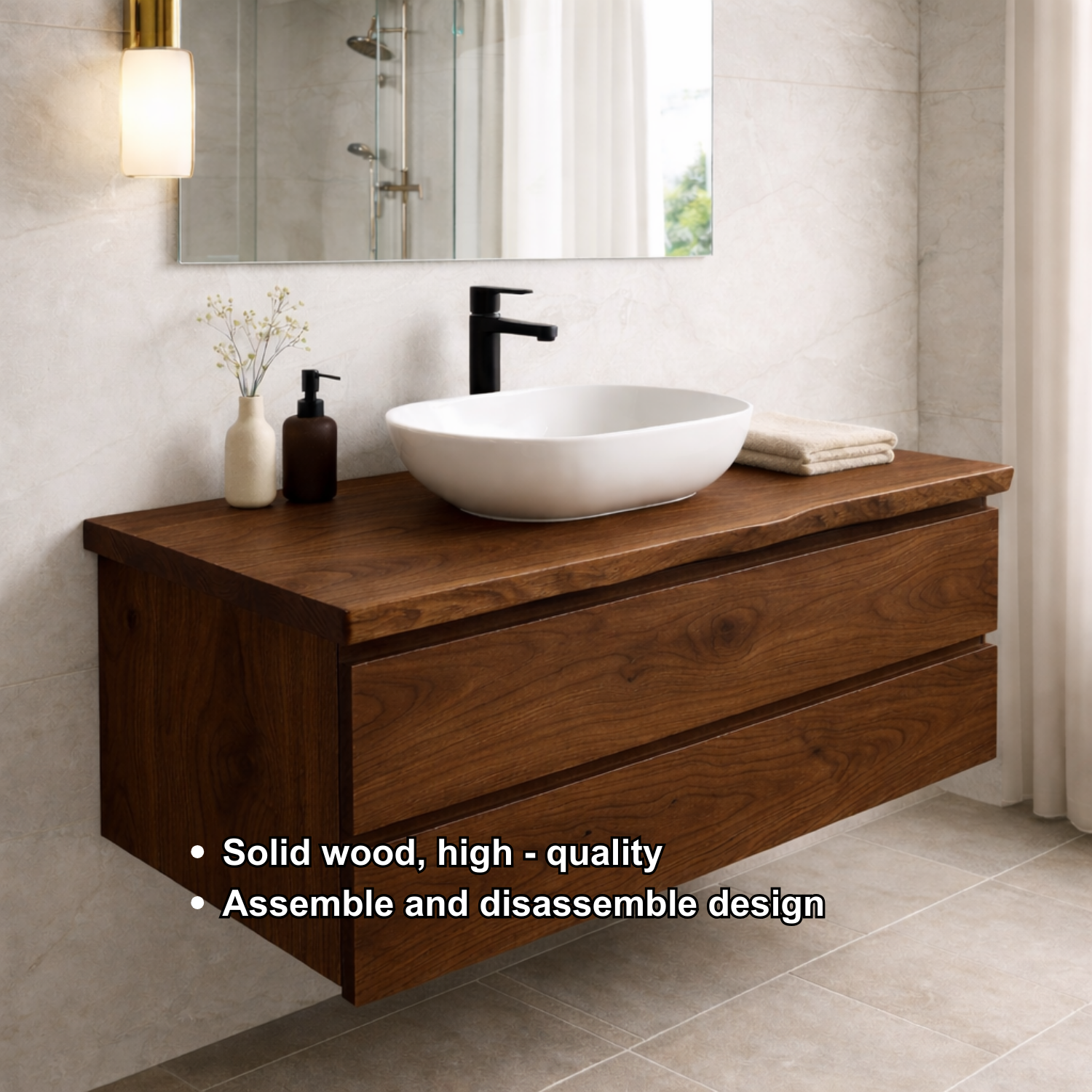 Floating Solid Wood Bathroom Vanity – Wall Mounted Modern Cabinet