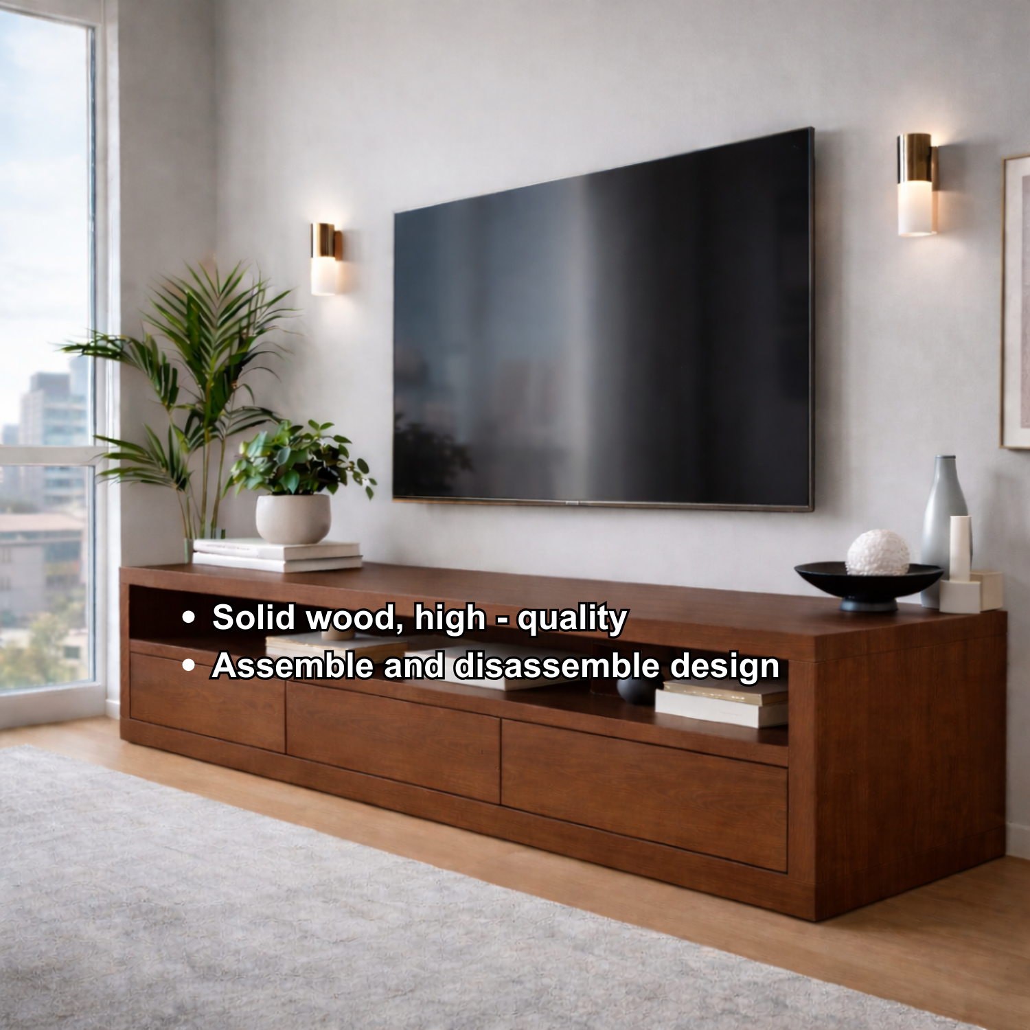 Solid Wood Low Profile TV Stand with Drawers & Open Shelf – Modern Media Console