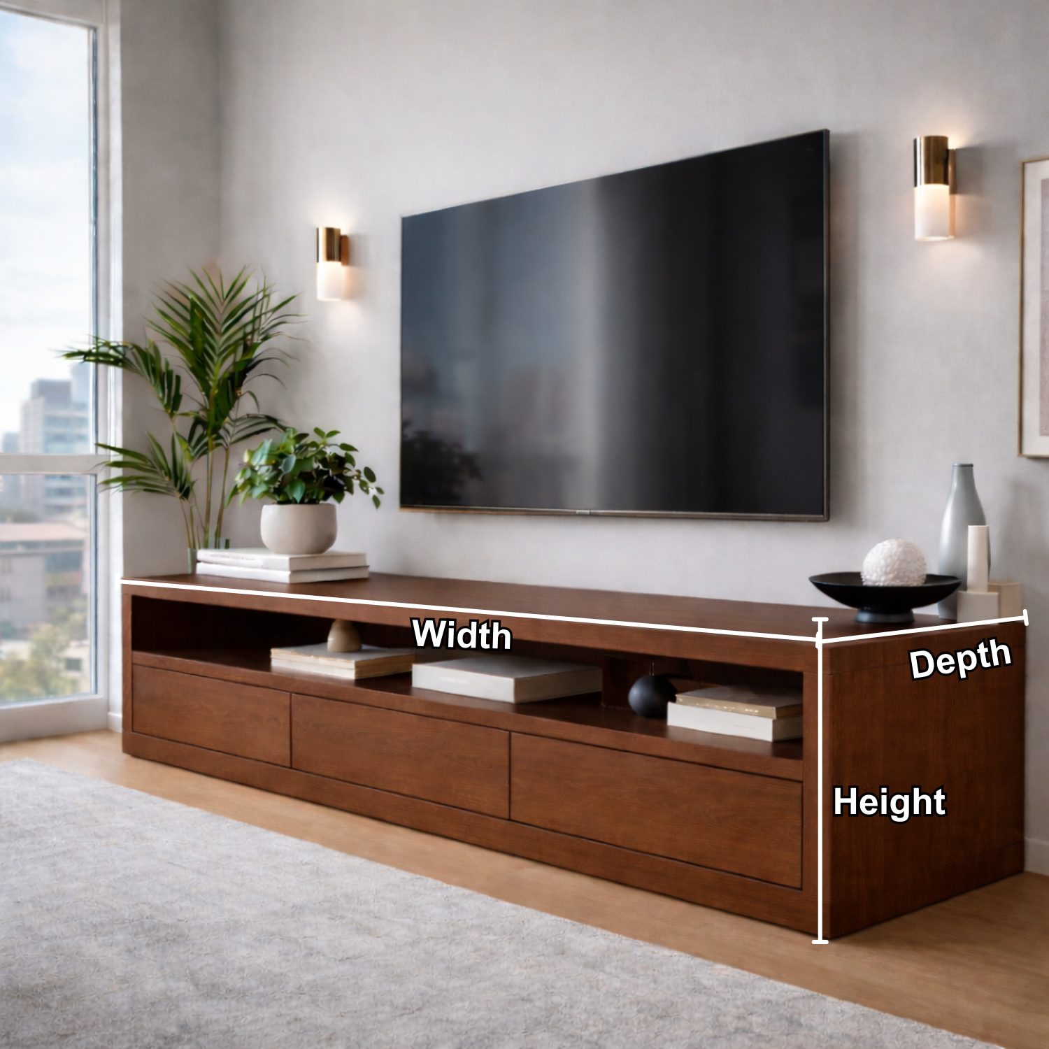 Solid Wood Low Profile TV Stand with Drawers & Open Shelf – Modern Media Console