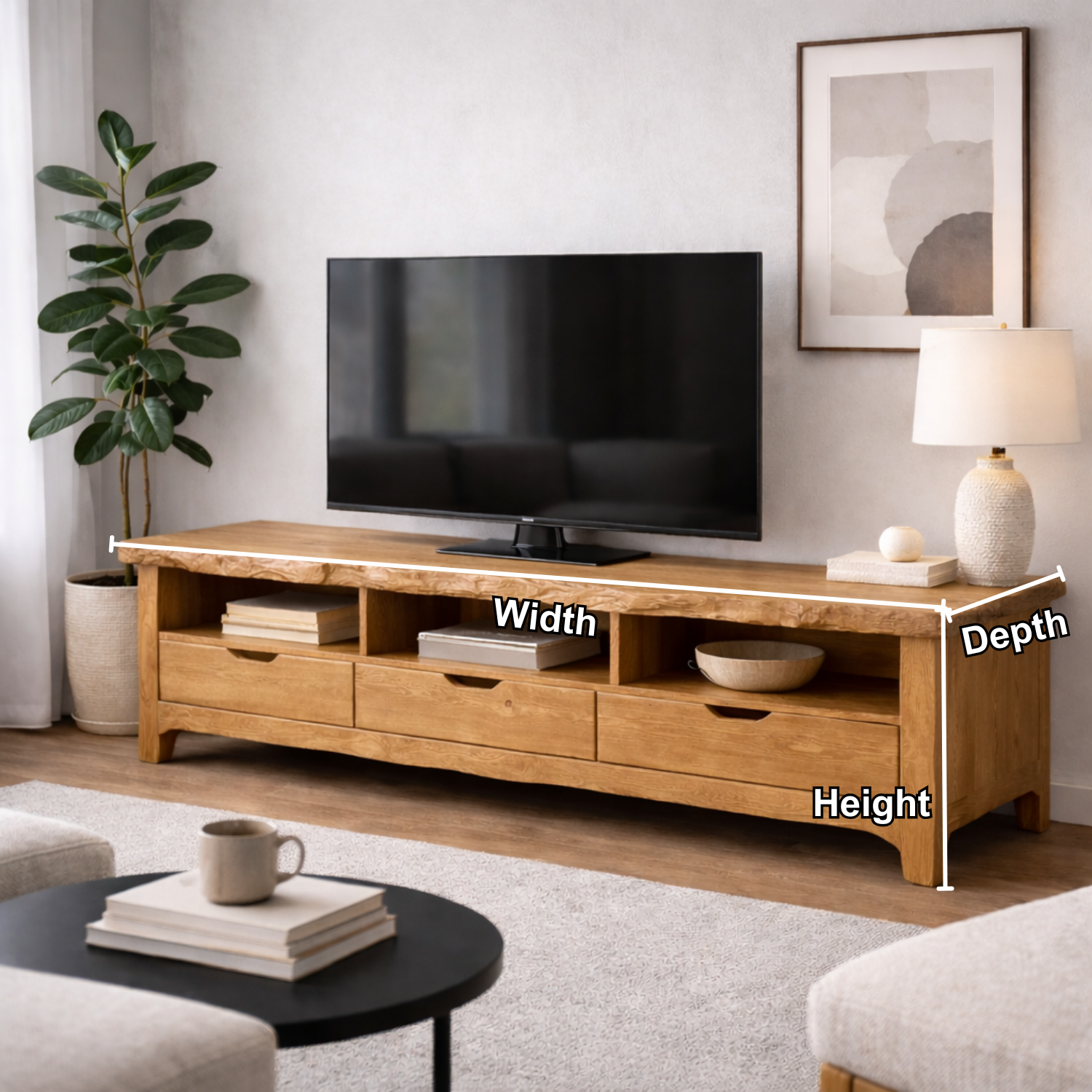 Solid Wood TV Stand with Drawers & Open Shelves – Rustic Low Profile Console
