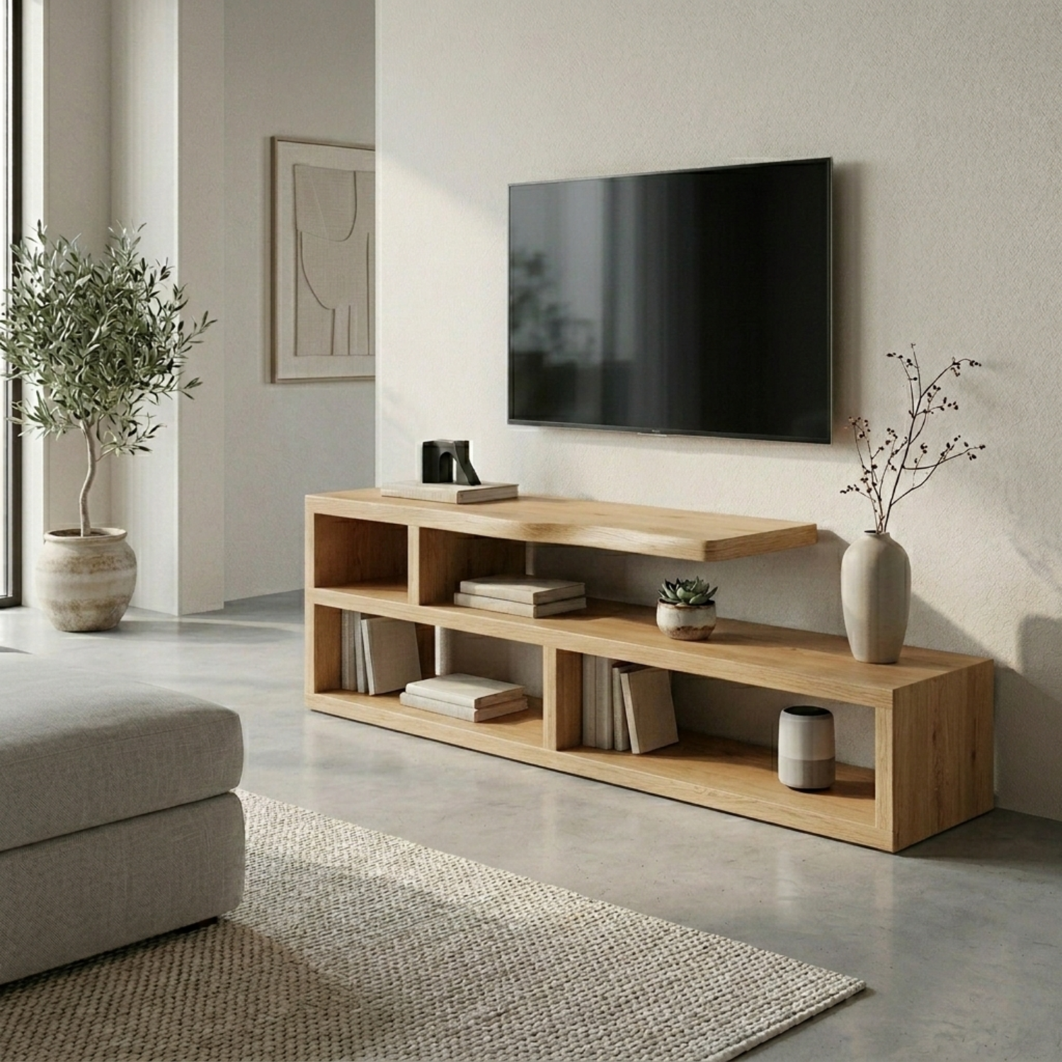 Minimalist Solid Wood TV Stand with Open Shelves – Modern Media Console