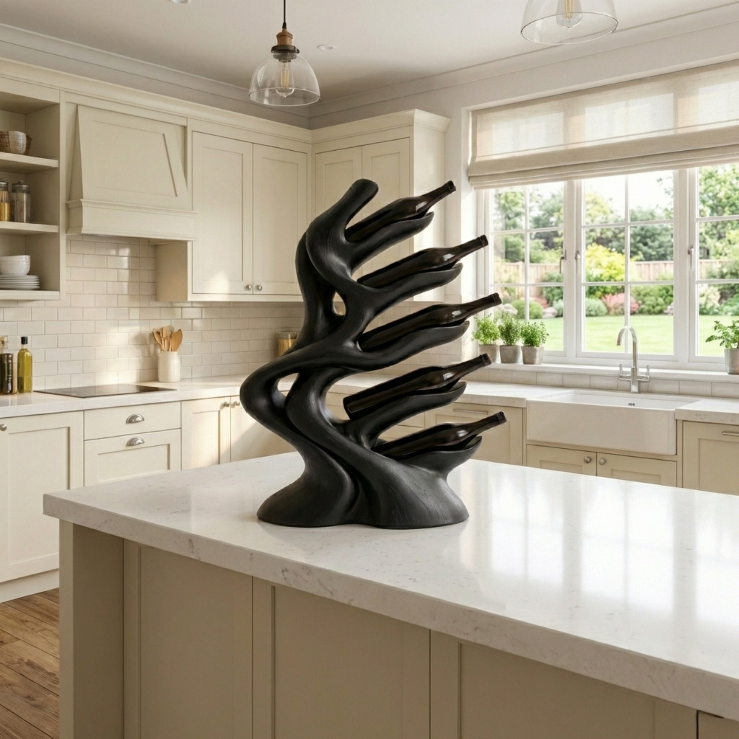 Handcrafted Solid Wood Wine Holder – Modern Sculptural Countertop Wine Rack