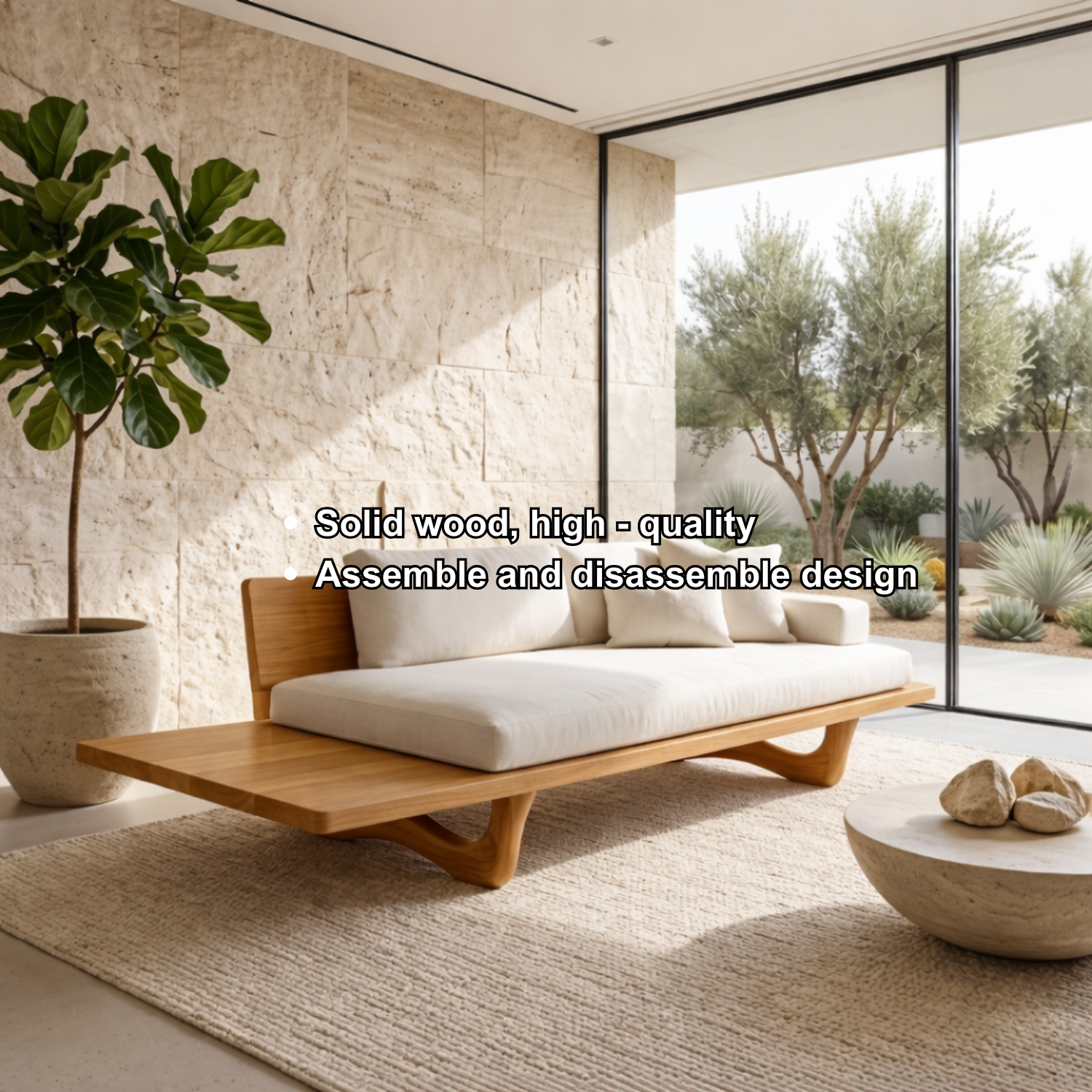 Solid Wood Platform Sofa Frame with Curved Base – Modern Minimalist Wood Sofa