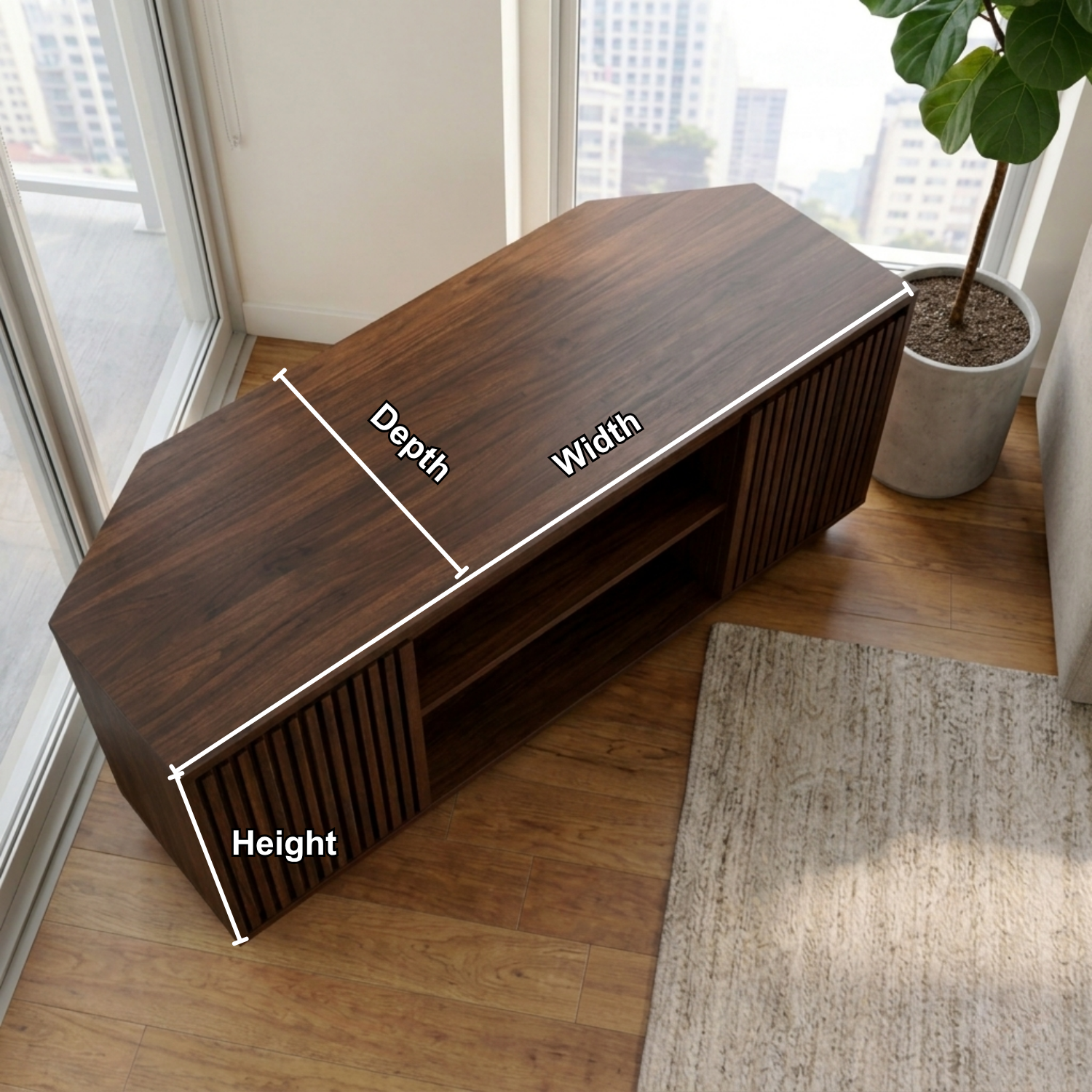 Solid Wood Corner TV Stand with Slatted Doors and Open Media Shelf