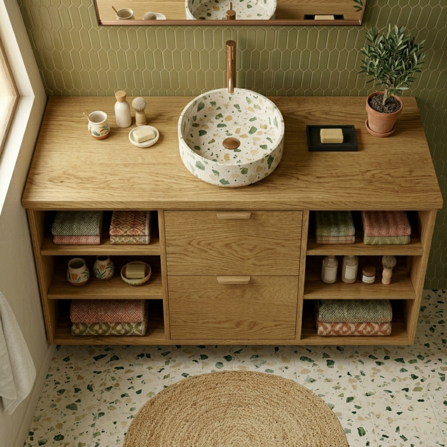 Floating Solid Wood Bathroom Vanity with Open Shelves and Double Drawers