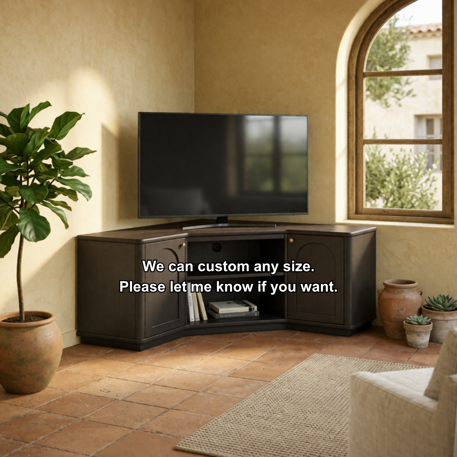 Solid Wood Corner TV Stand with Arched Cabinet Doors and Open Media Shelf