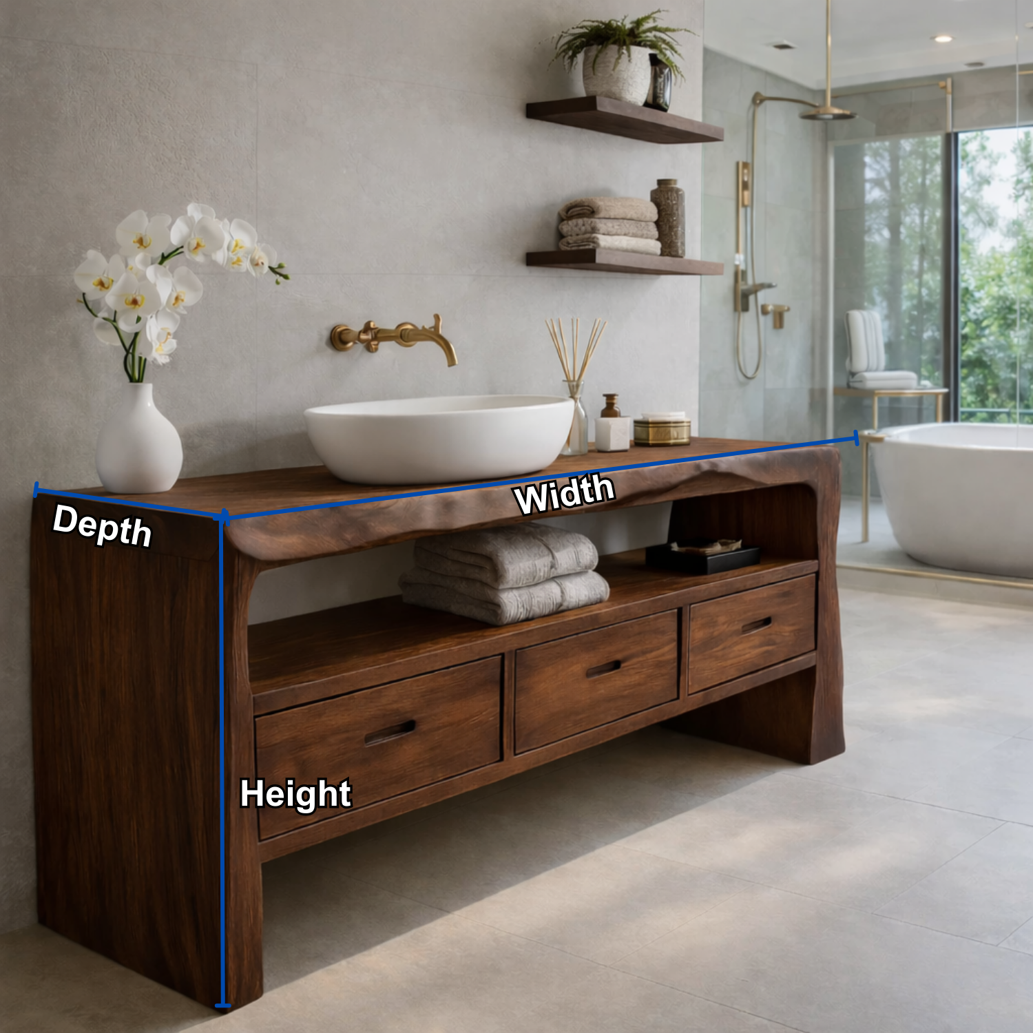 Solid Wood Bathroom Vanity with Open Shelf & Drawers – Rustic Modern Design