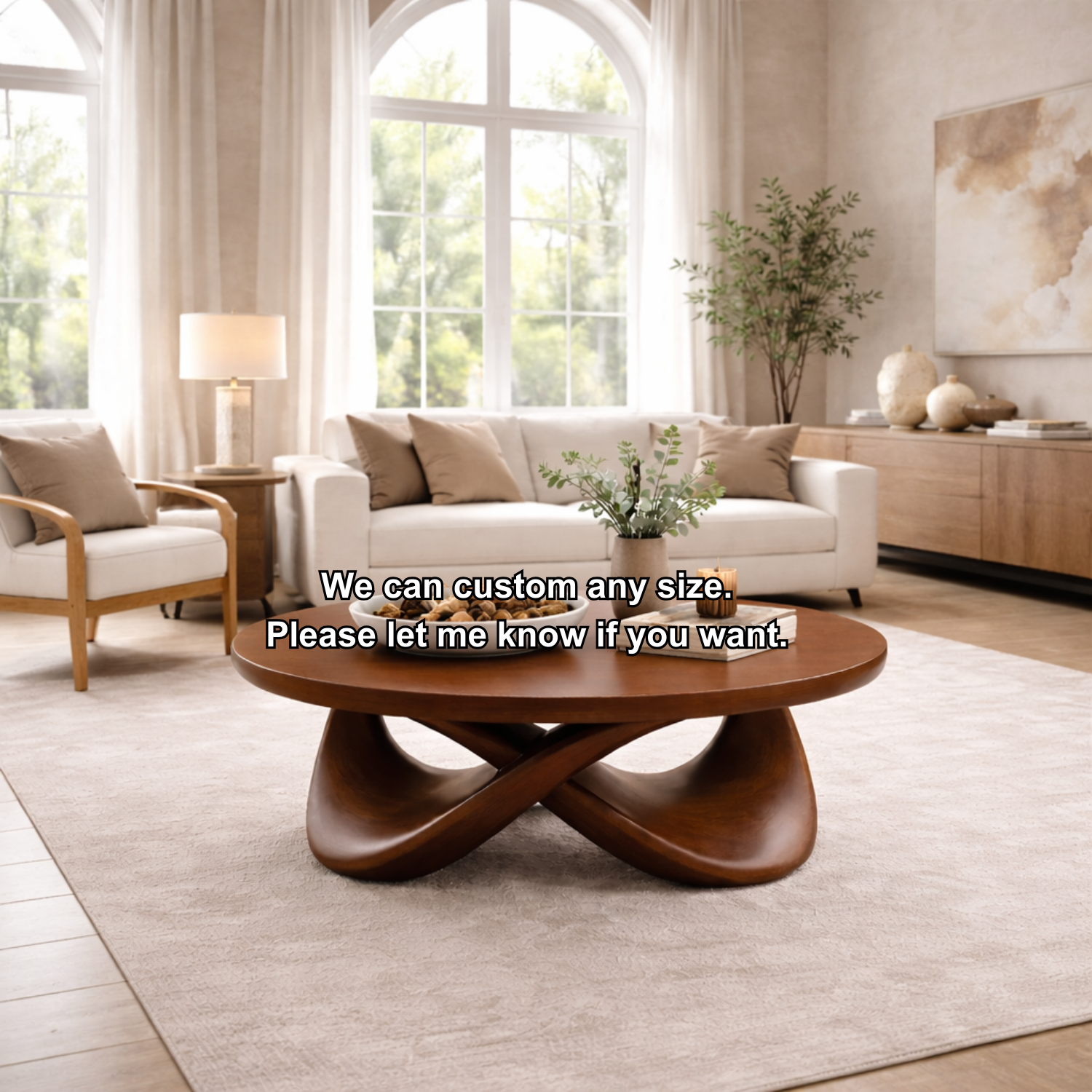 Round Solid Wood Coffee Table with Sculptural Base – Modern Designer Living Room Table