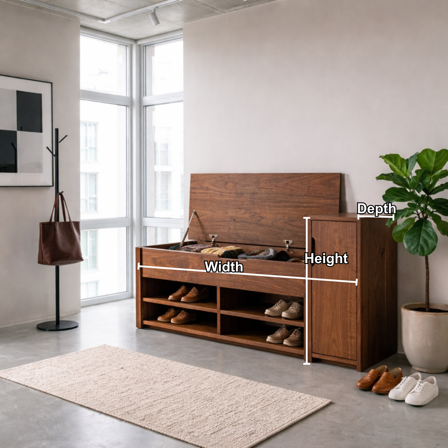 Solid Wood Shoe Storage Bench with Lift Top & Side Cabinet – Entryway Storage Bench