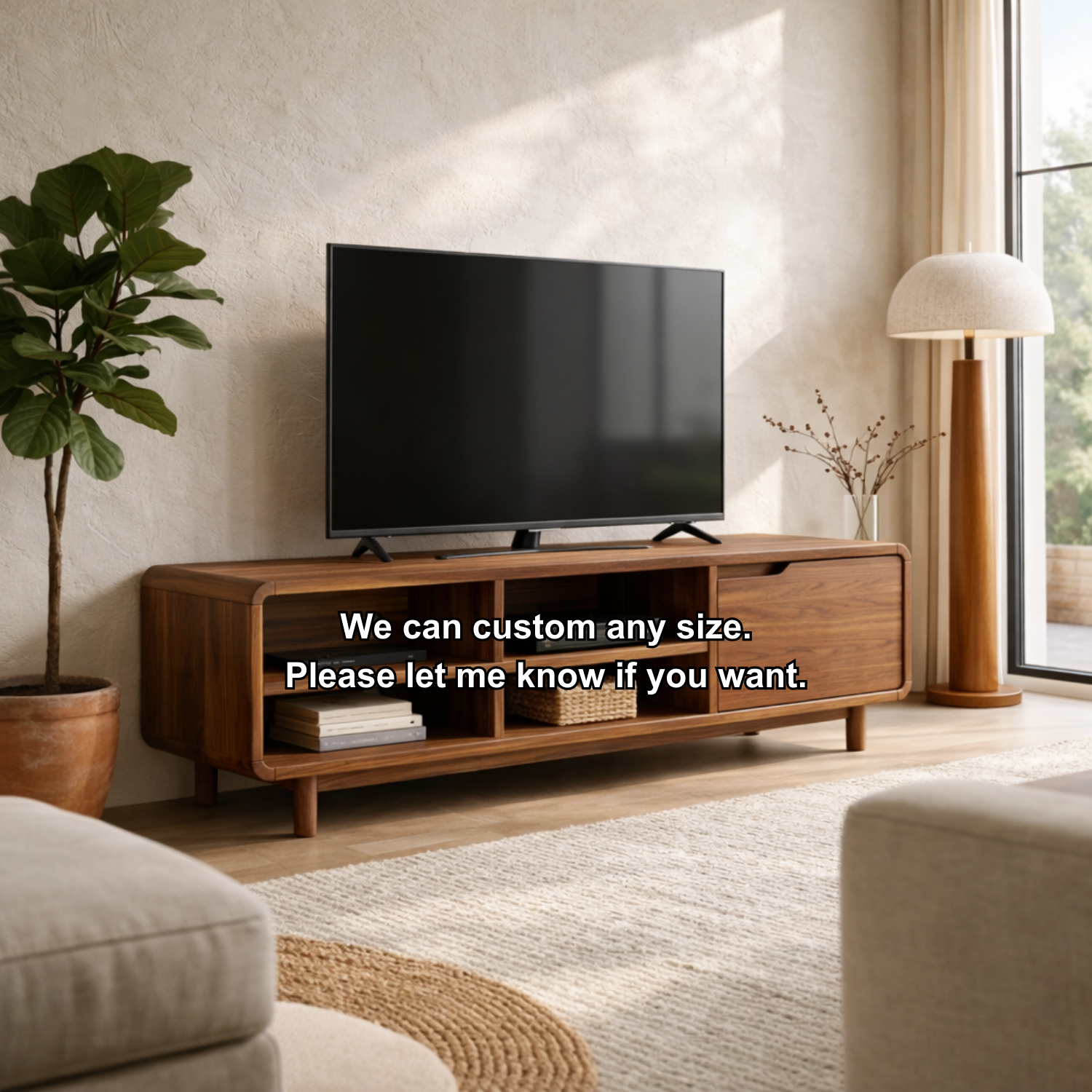 Solid Wood TV Stand with Open Shelves and Sliding Door – Mid-Century Modern Media Console