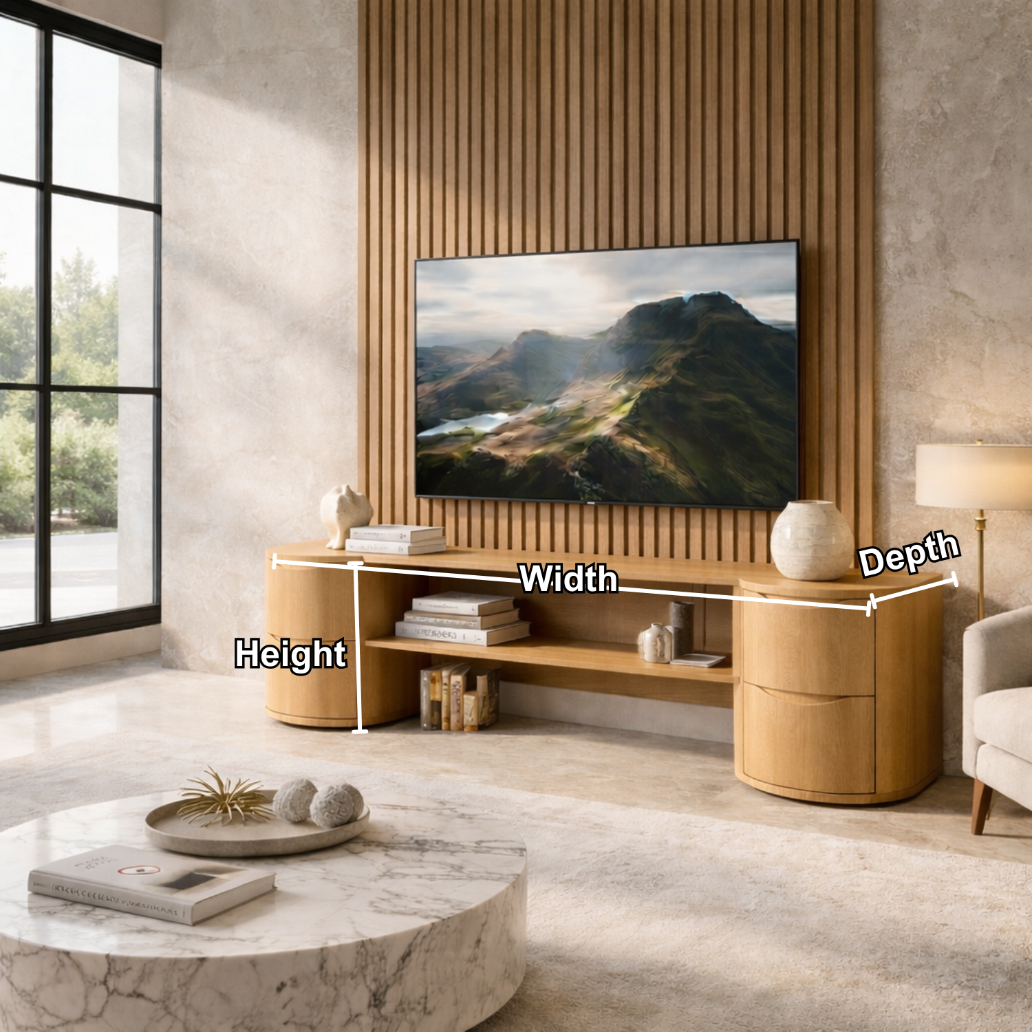 Solid Wood TV Stand with Rounded Drawer Cabinets – Modern Minimalist Media Console