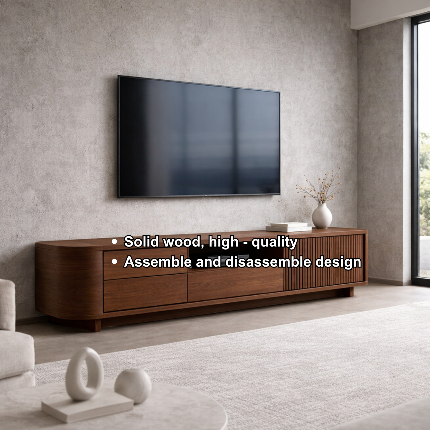 Solid Wood TV Stand with Slatted Door and Drawers – Modern Extra Long Media Console