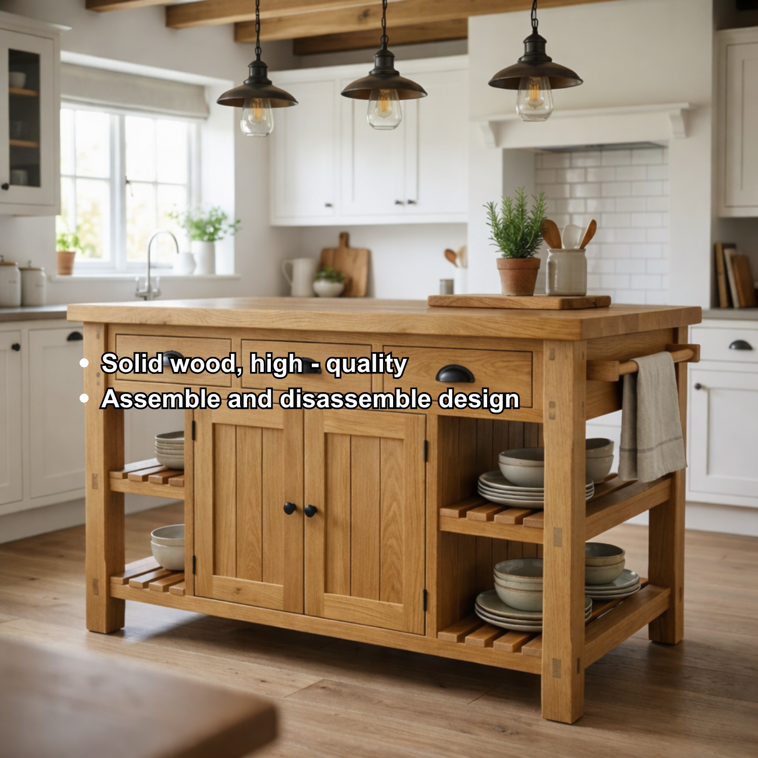Farmhouse Solid Wood Kitchen Island with 3 Drawers, Cabinet and Open Shelves