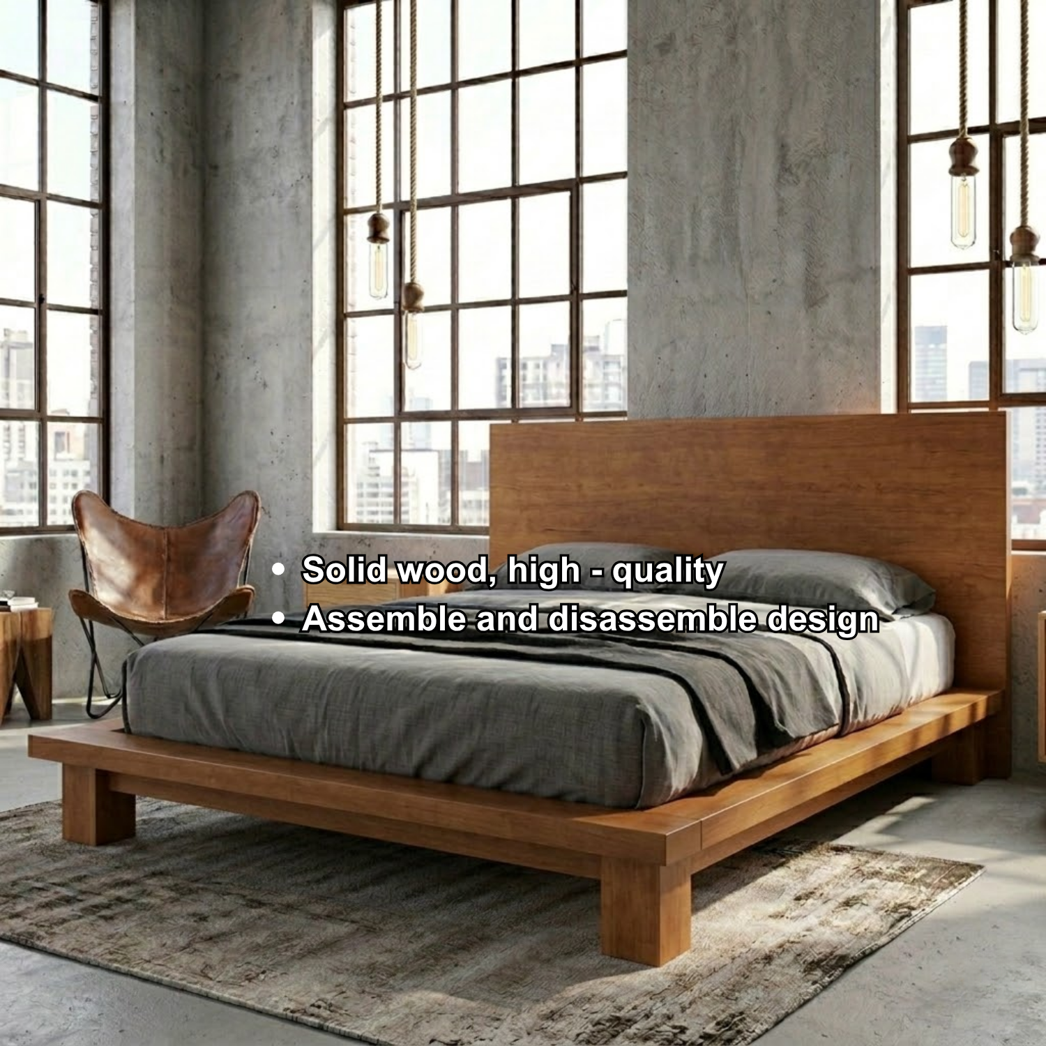 Modern Solid Wood Platform Bed Frame with Wide Panel Headboard and Block Legs