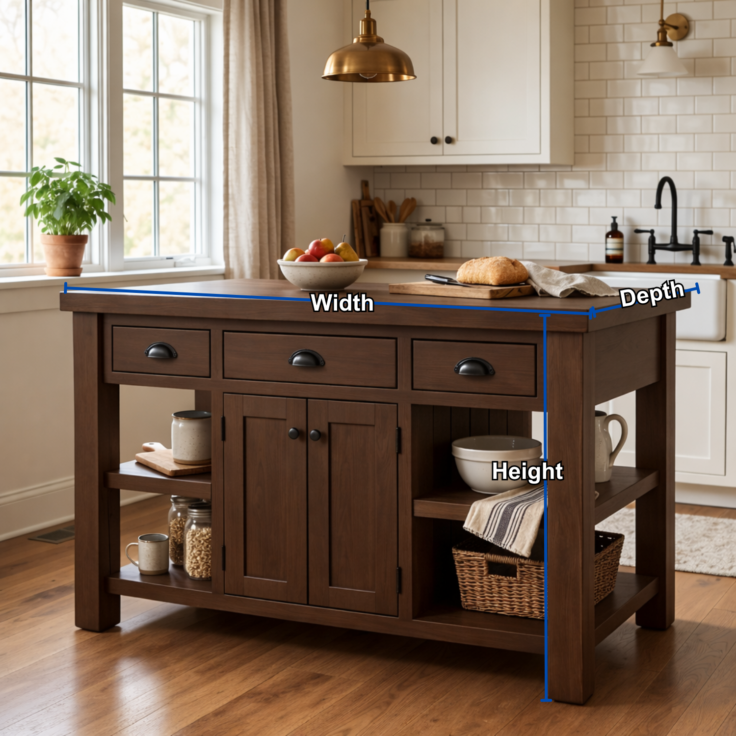 Farmhouse Solid Wood Kitchen Island with Drawers, Cabinet and Shelves – Prep Table