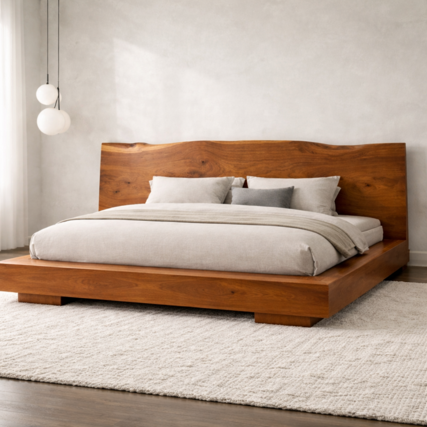 Modern Solid Wood Platform Bed Frame with Curved Headboard and Low Profile Base