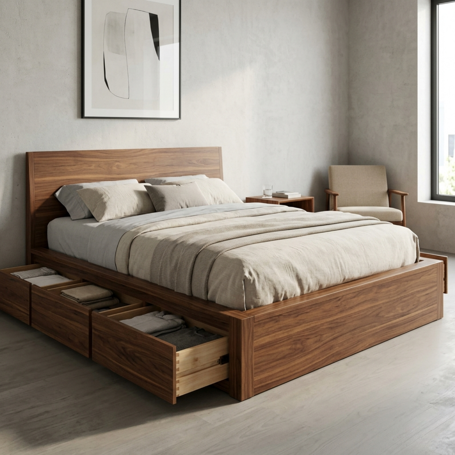 Solid Wood Storage Bed Frame with Side Drawers and Platform Design