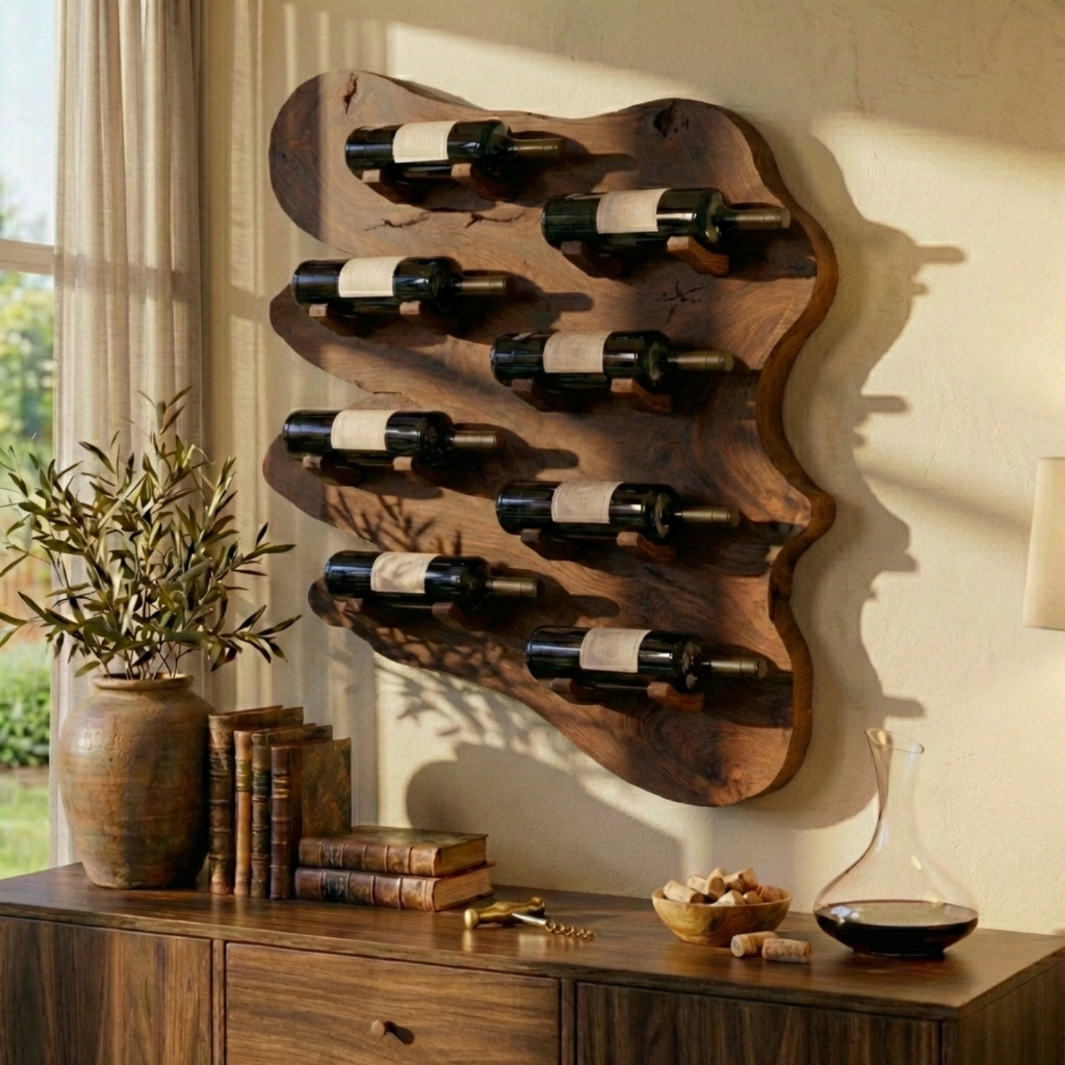 Live Edge Solid Wood Wine Holder – Handcrafted Wall Mounted Wine Rack