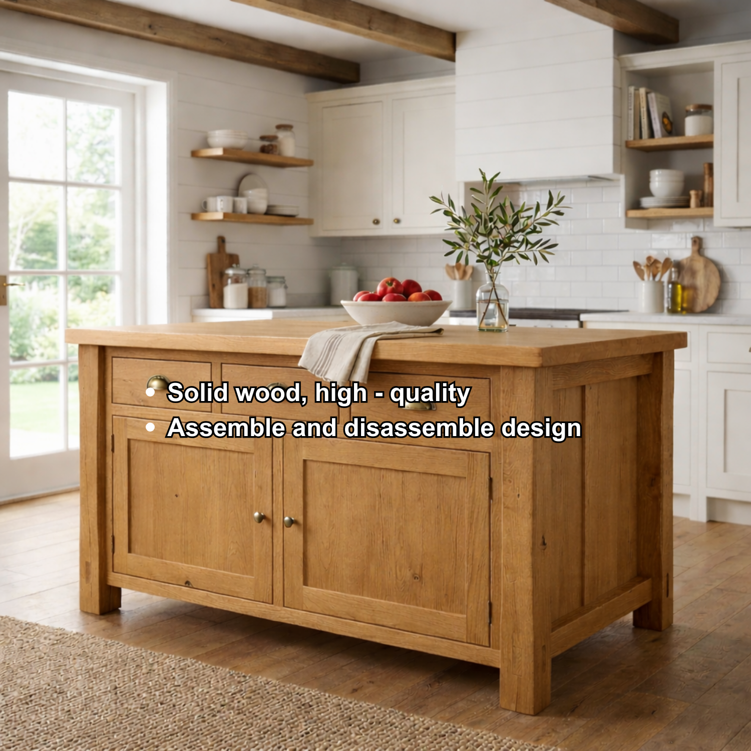 Solid Wood Farmhouse Kitchen Island with 3 Drawers and Double Cabinet Storage
