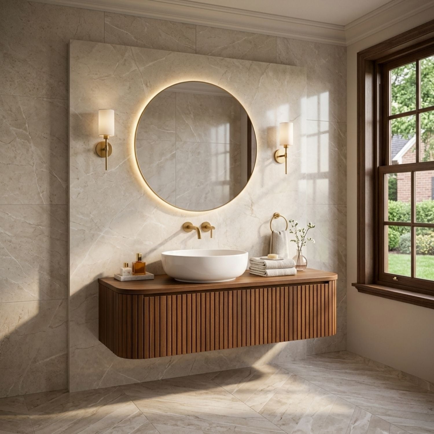 Floating Bathroom Vanity with Fluted Wood Panels and Rounded Edge Design