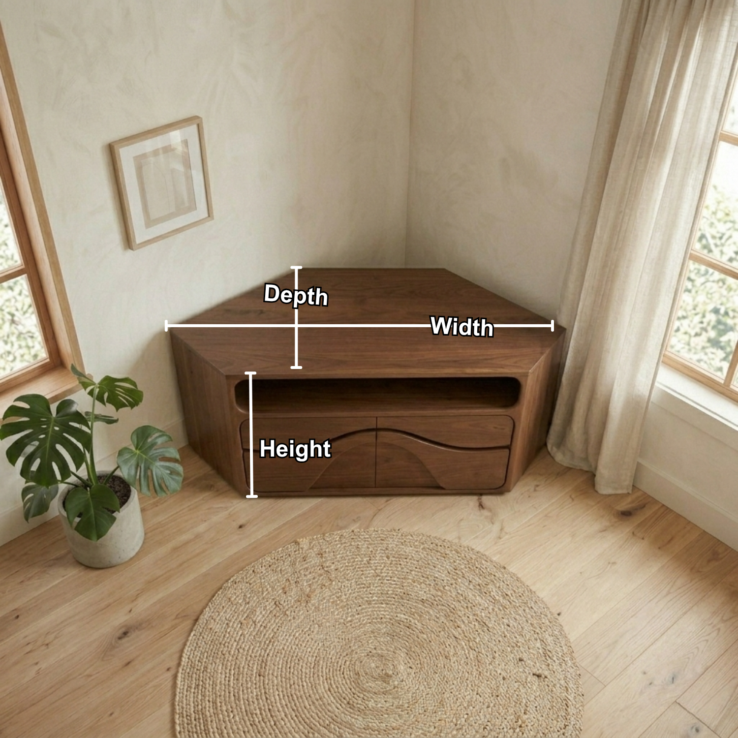 Solid Wood Corner TV Stand with Curved Cabinet Doors and Open Shelf Media Storage