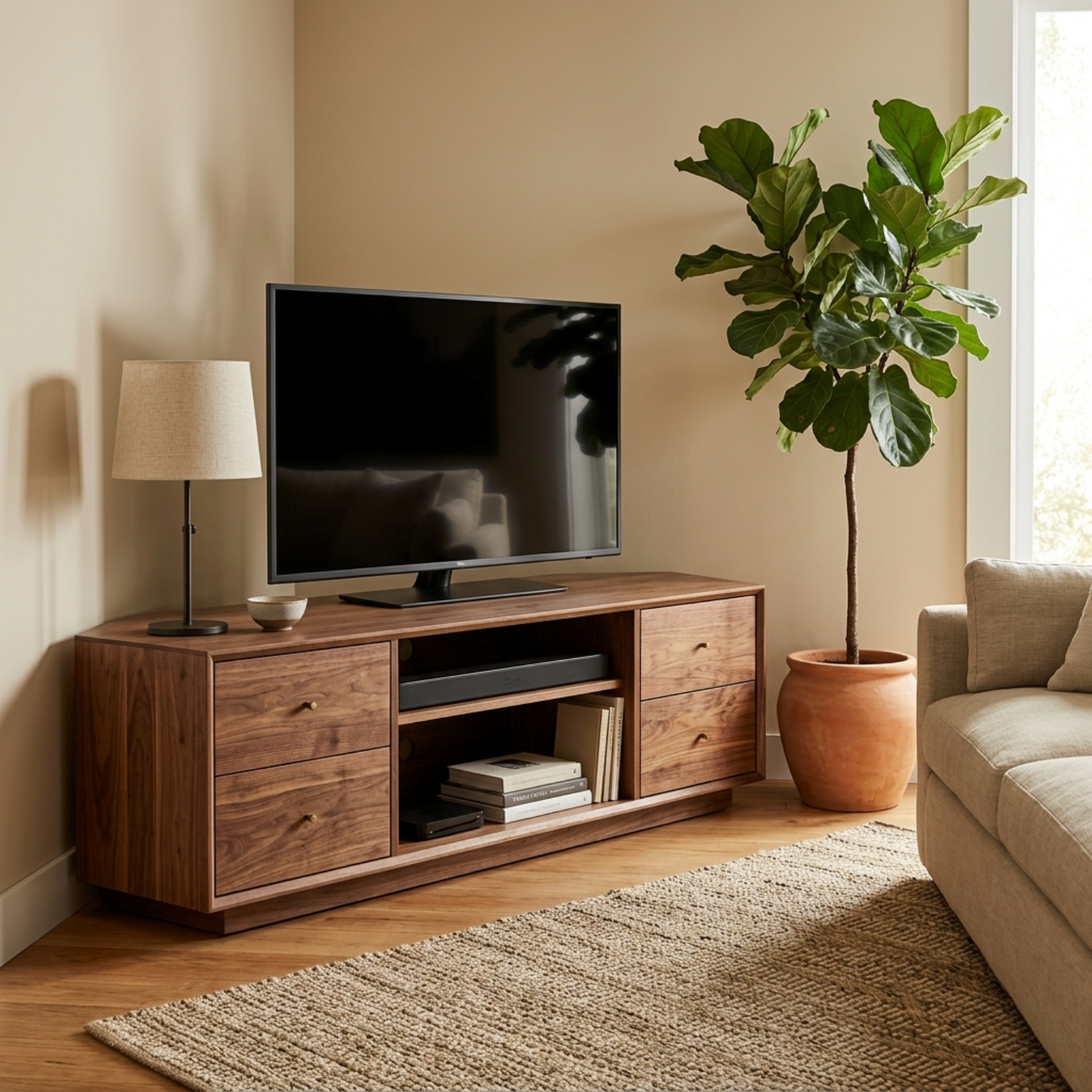 Solid Wood Corner TV Stand with Drawers and Open Media Shelf – Corner Media Console