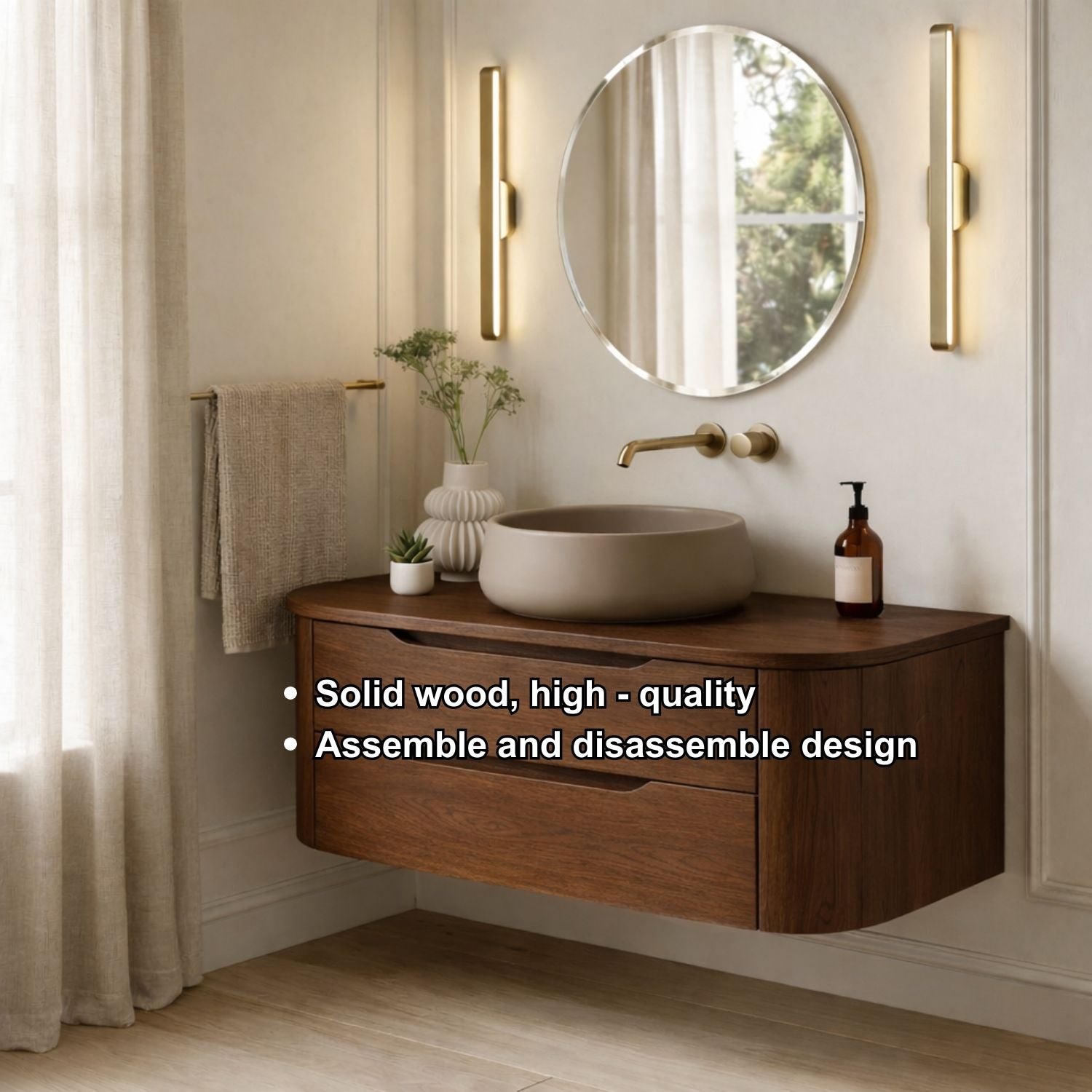 Modern Floating Bathroom Vanity with Curved Edges – Handcrafted Solid Wood