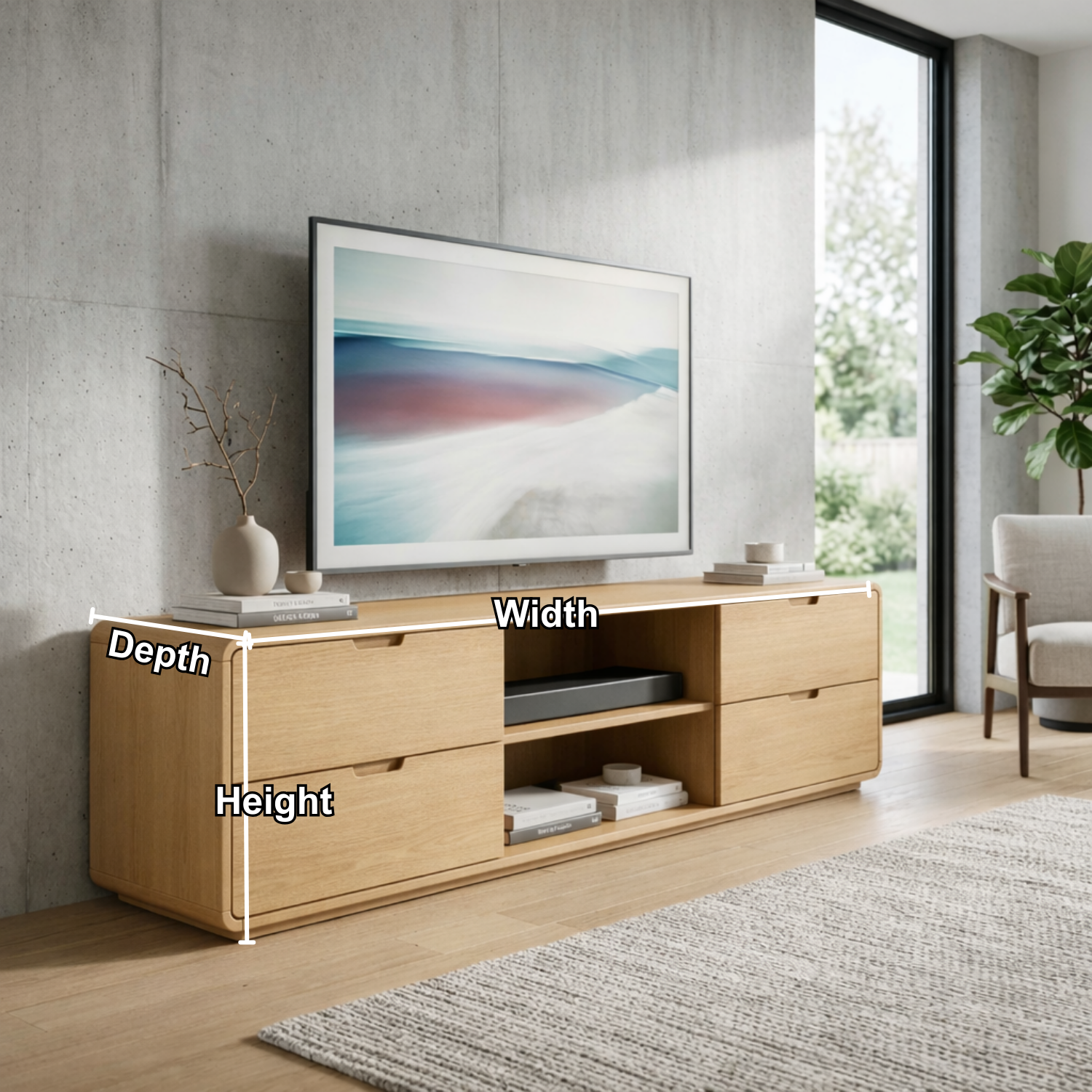Solid Wood TV Stand with 4 Drawers and Open Media Shelf – Modern Minimalist Console