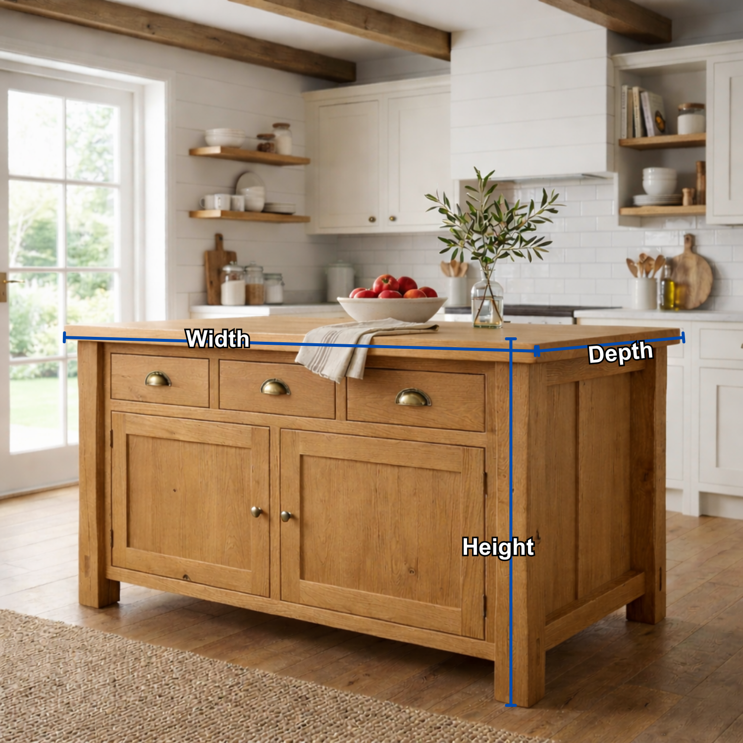 Solid Wood Farmhouse Kitchen Island with 3 Drawers and Double Cabinet Storage