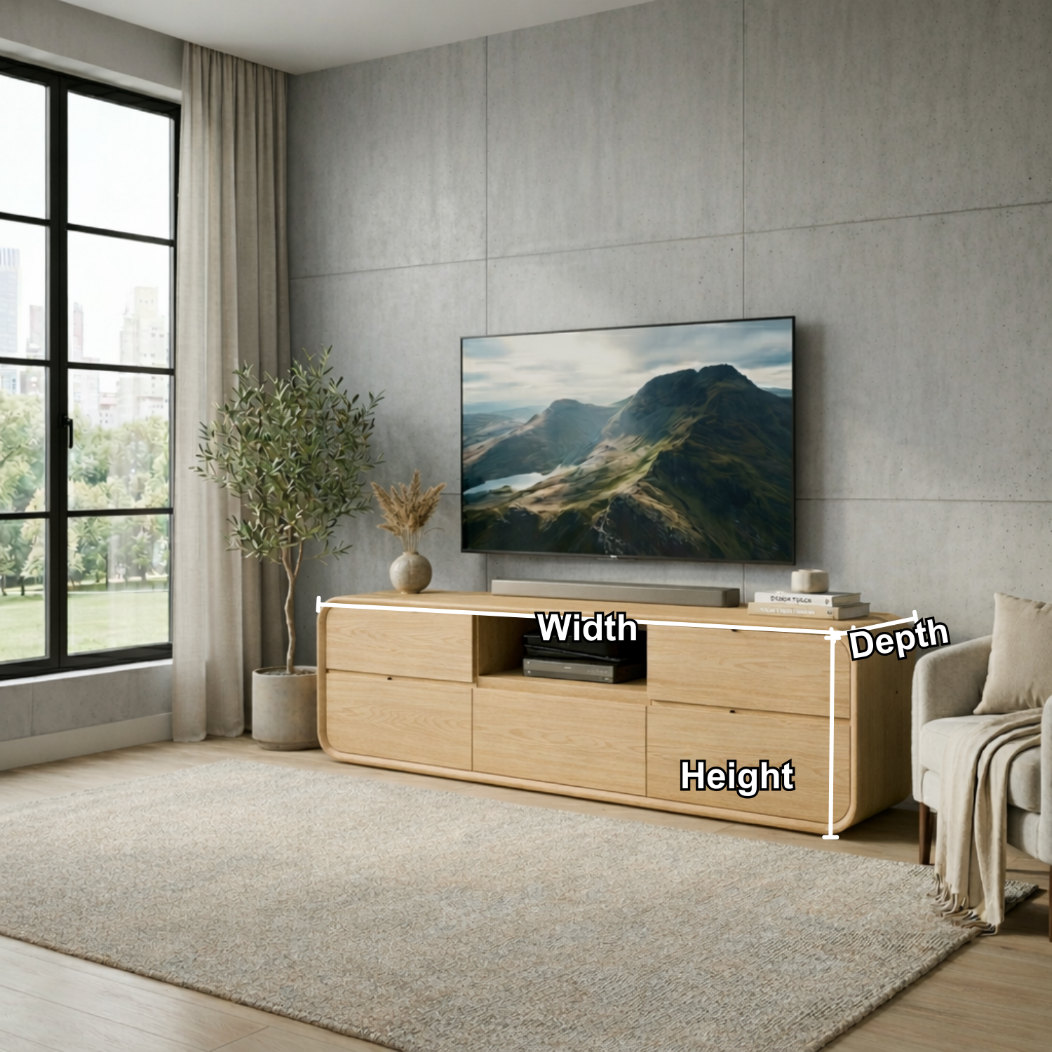 Solid Wood TV Stand with Drawers and Open Shelf – Modern Rounded Media Console